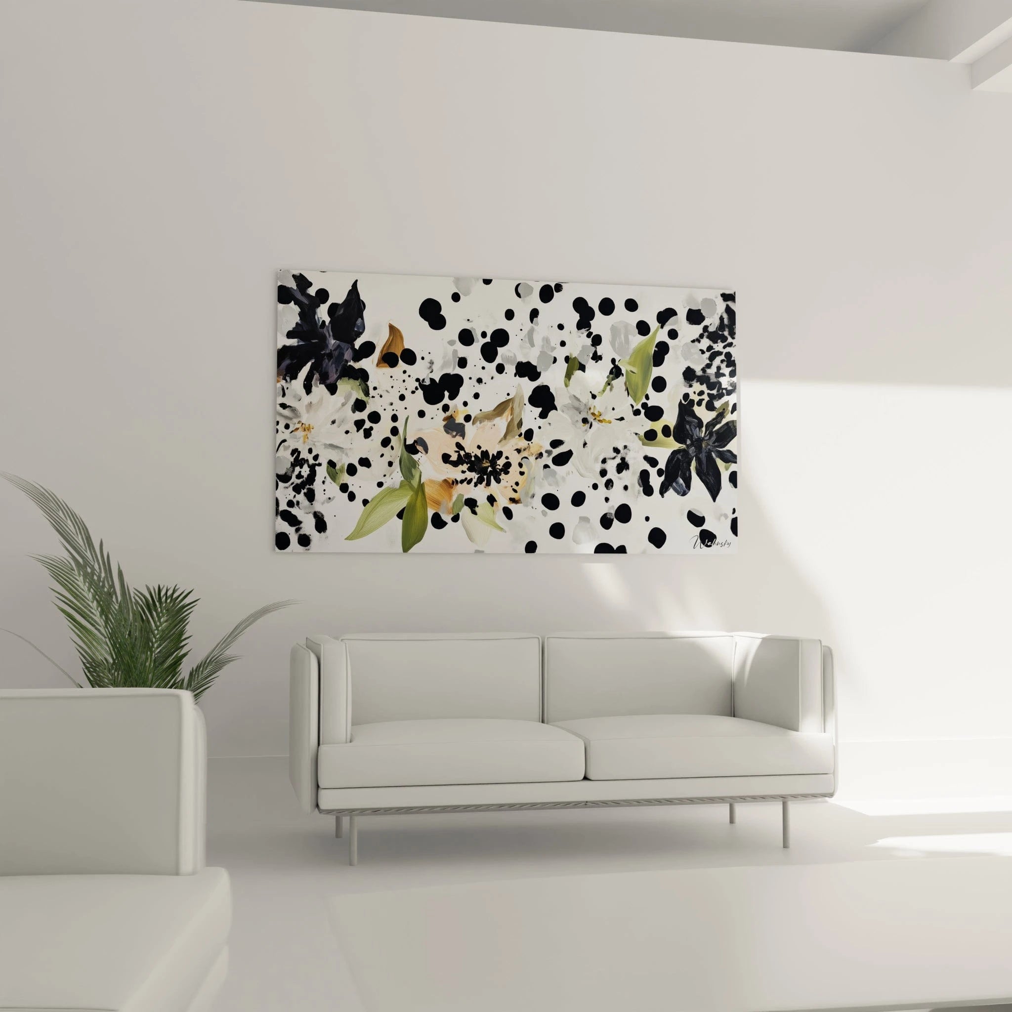 Tableau tacheté noir et blanc Walensky avec des motifs floraux modernes pour décoration intérieure