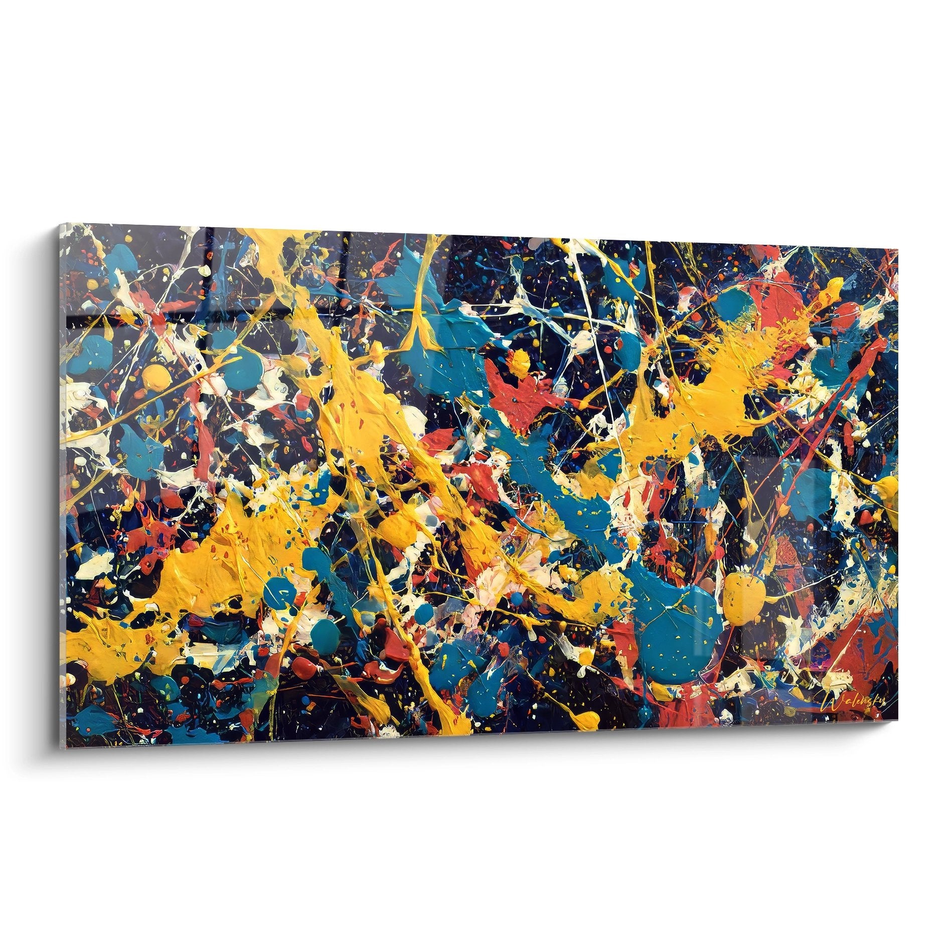 Tableau mural éclaboussures multicolores style abstrait moderne avec projections jaunes bleues rouges