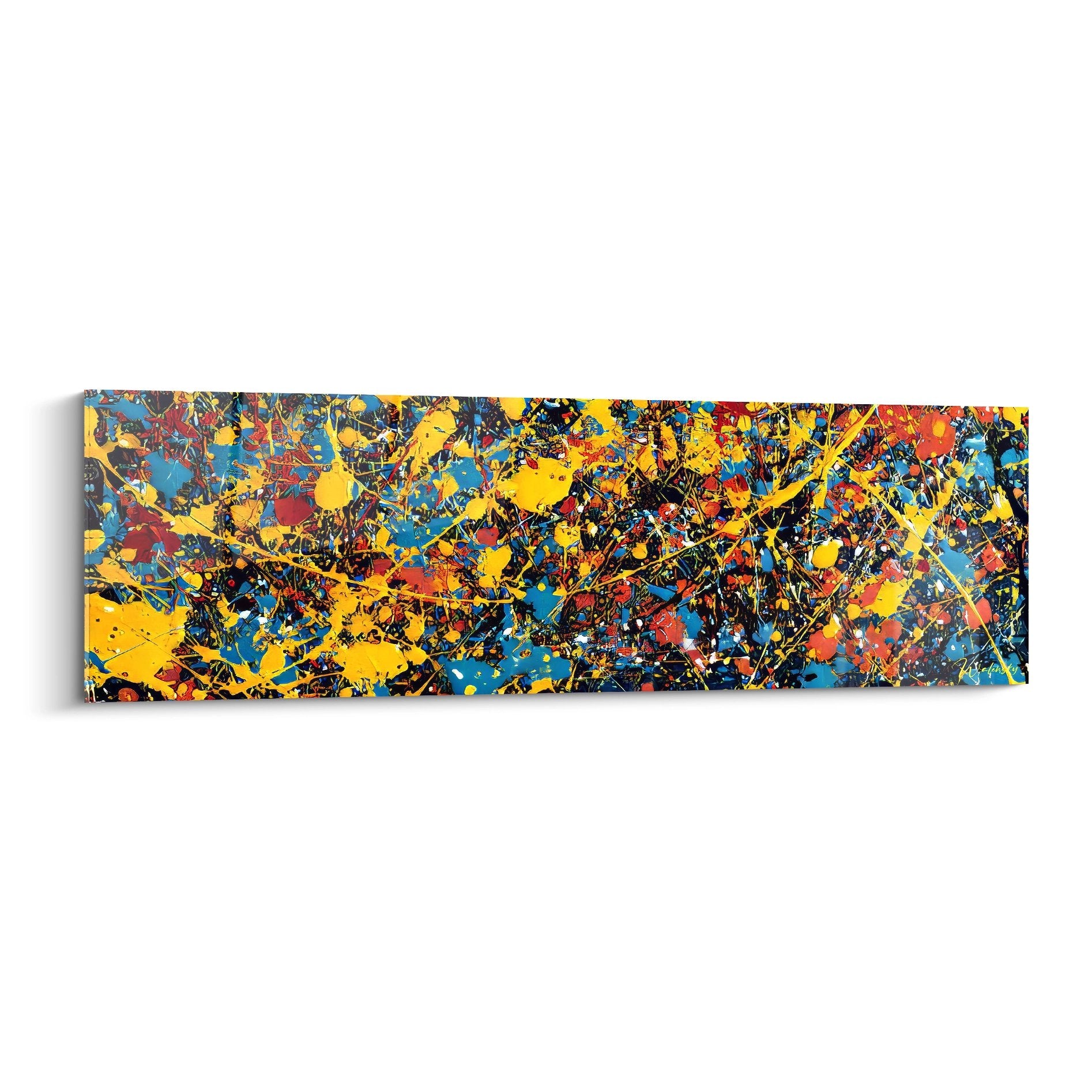 Tableau mural éclaboussures multicolores style abstrait avec projections peinture jaune bleu rouge orange