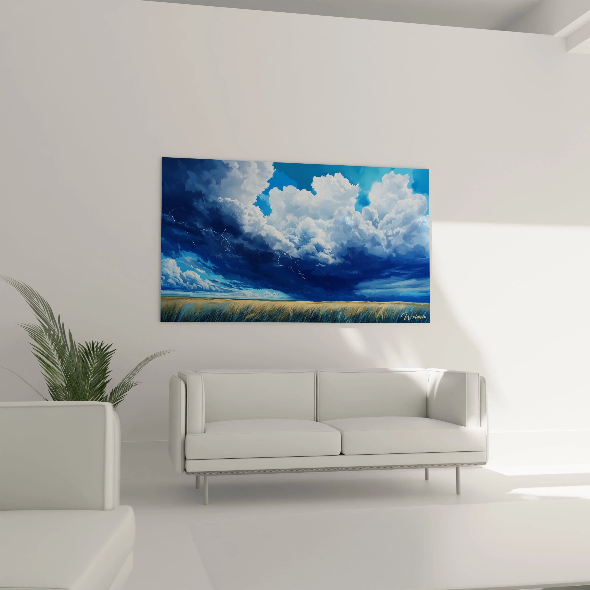 Un tableau campagne capturant la rencontre entre un ciel tempétueux aux tons de bleu azur et marine et un champ de céréales dorées, où la lumière filtrée à travers les masses nuageuses crée un jeu d'ombre et de clarté sur le paysage rural.