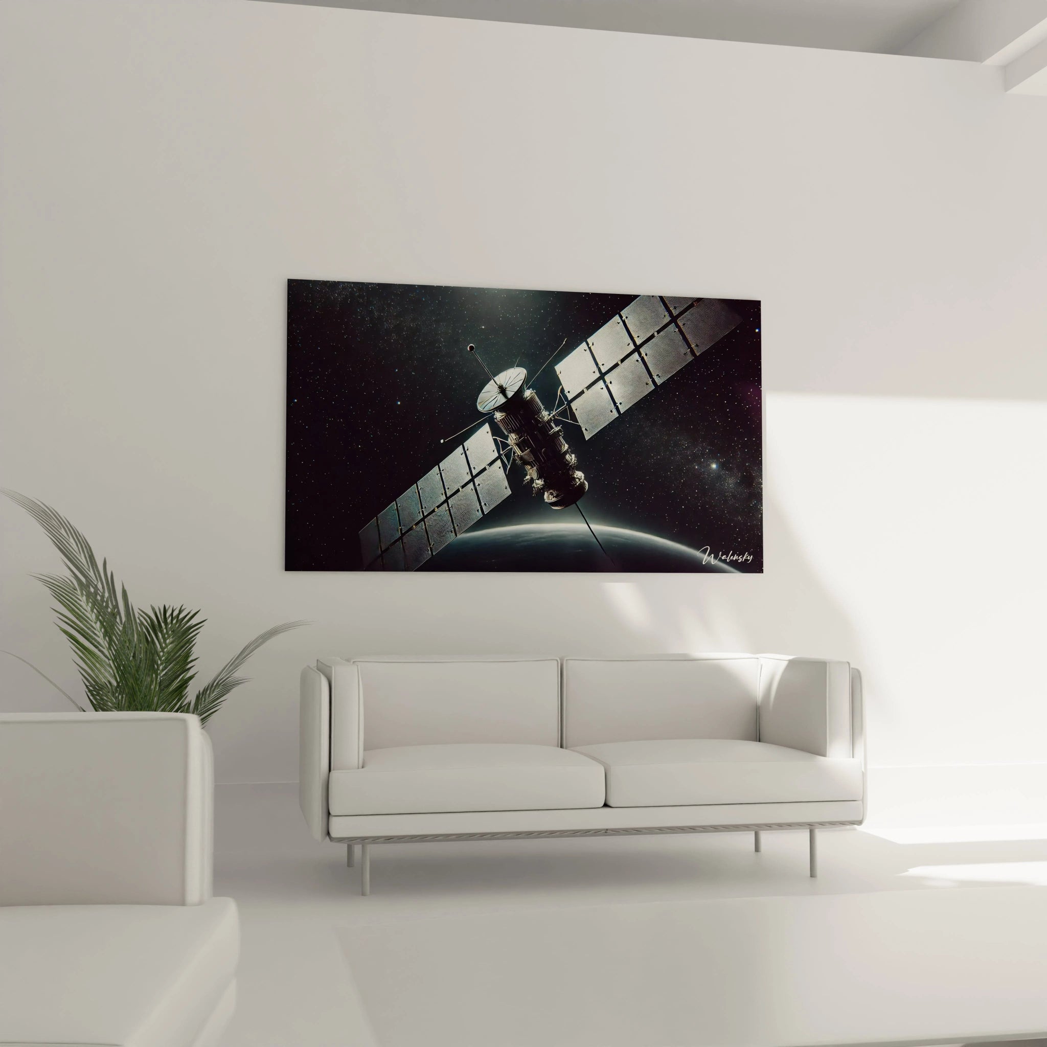 tableau espace suspendu au mur d’un salon moderne au-dessus d’un canapé en cuir noir. Contraste saisissant entre les tons métalliques du satellite et le bleu cosmique, apportant profondeur et modernité.