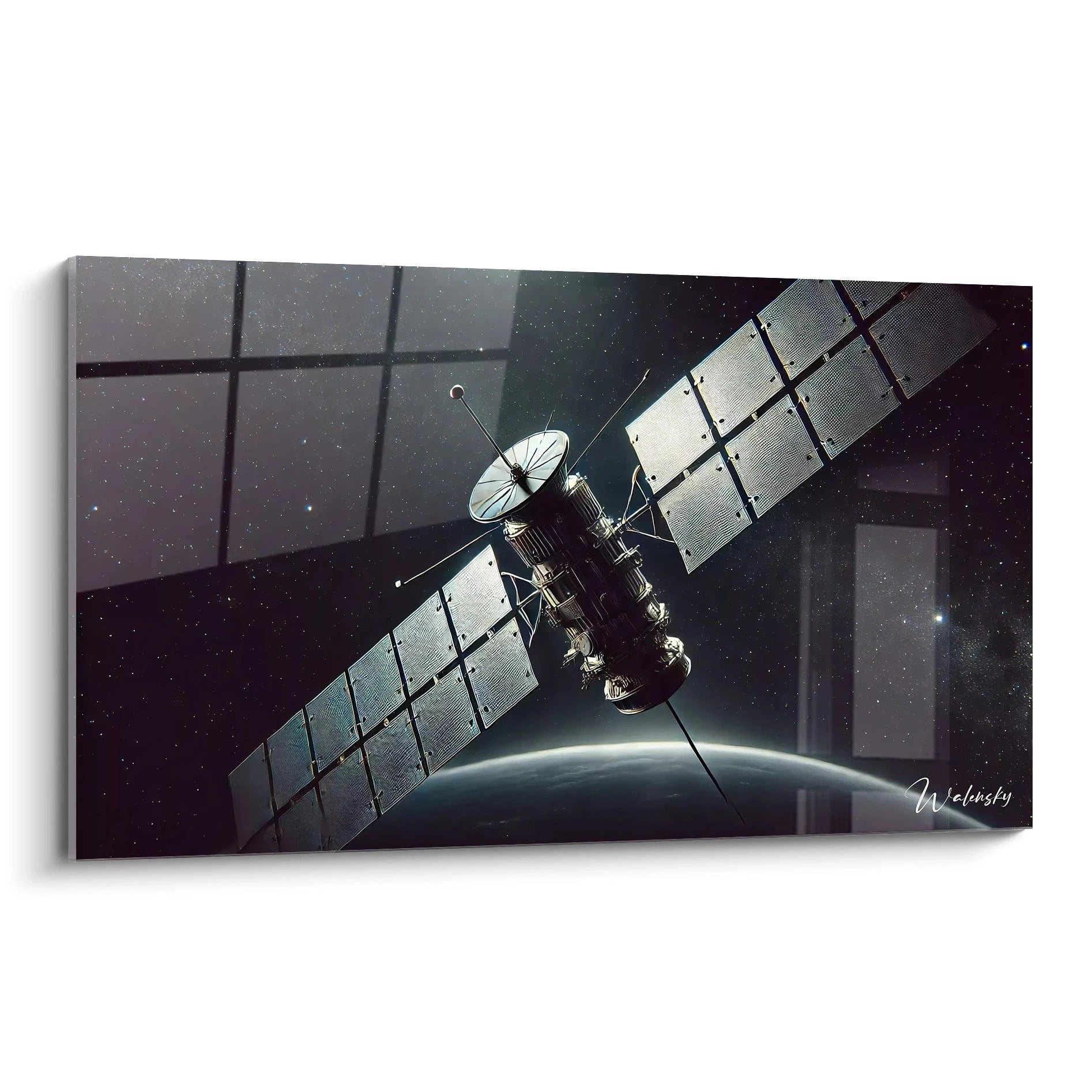 tableau espace vu de biais montrant un satellite argenté flottant dans un vide spatial noir et bleu. Contrastes lumineux subtils illustrant la rencontre entre technologie et immensité cosmique.