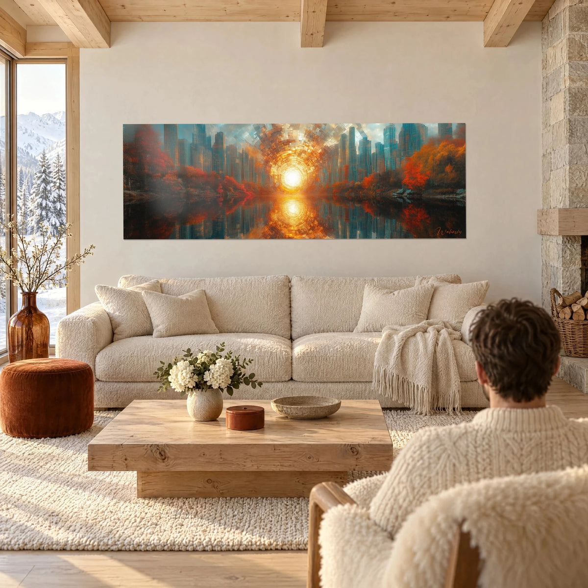Schilderij amberkleurige zon in het hart van een draaikolk van mozaïeken, turquoise torens en roestkleurige bomen, koppel van achteren, boven een bank in een lichte woonkamer