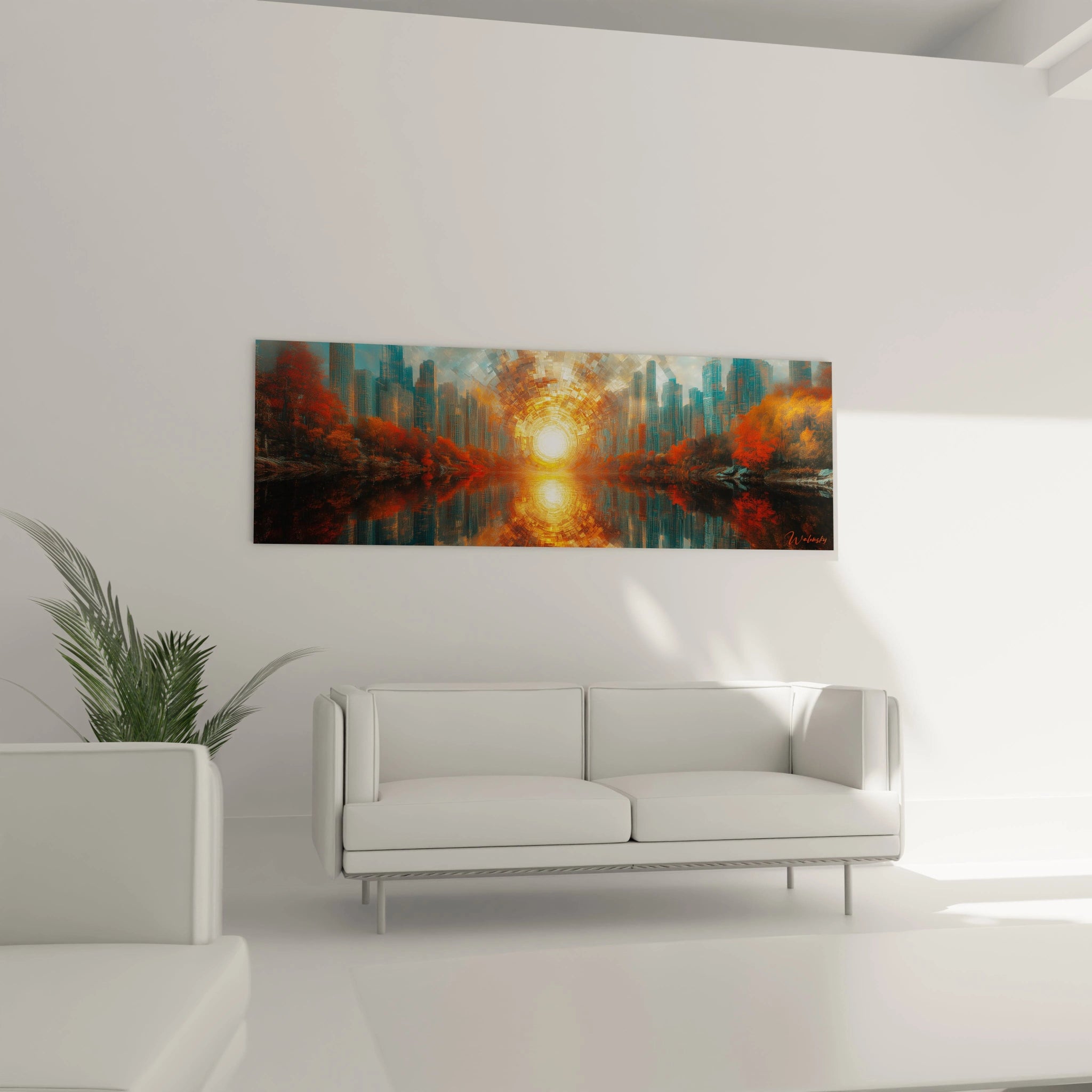 Tableau futuriste abstrait de Walensky avec un paysage de ville et un soleil brillant dans des couleurs vives