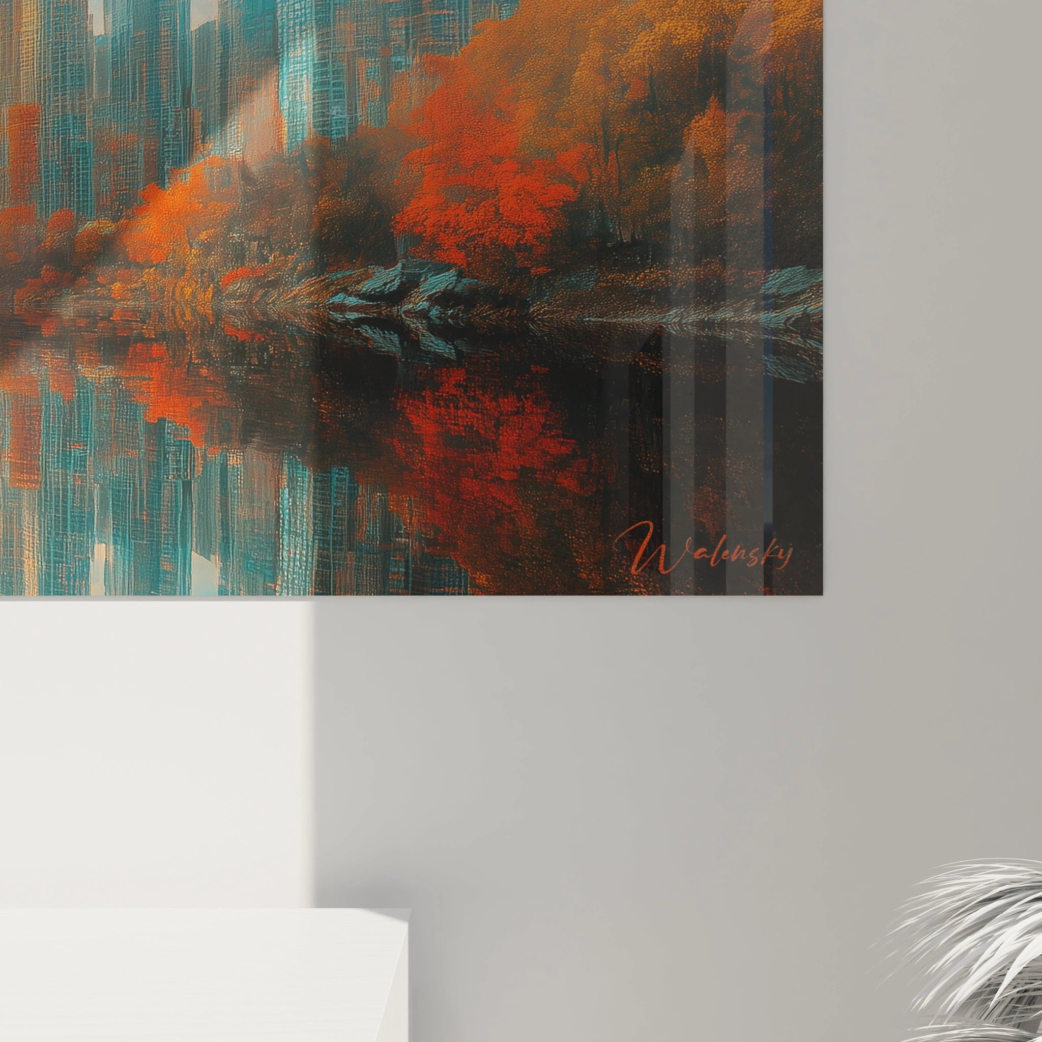 Tableau futuriste abstrait de Walensky avec des couleurs vives et des motifs réfléchissants sur un fond urbain