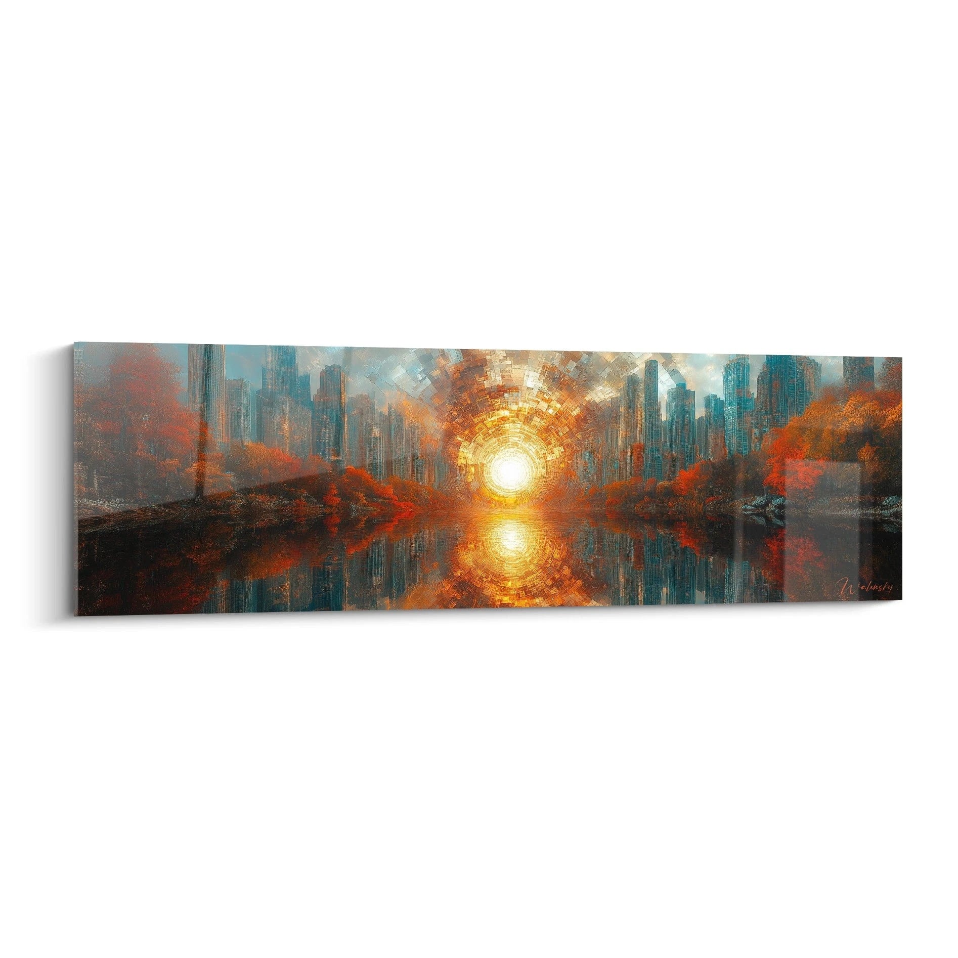 Tableau futuriste abstrait de paysage urbain avec coucher de soleil vibrant par Walensky