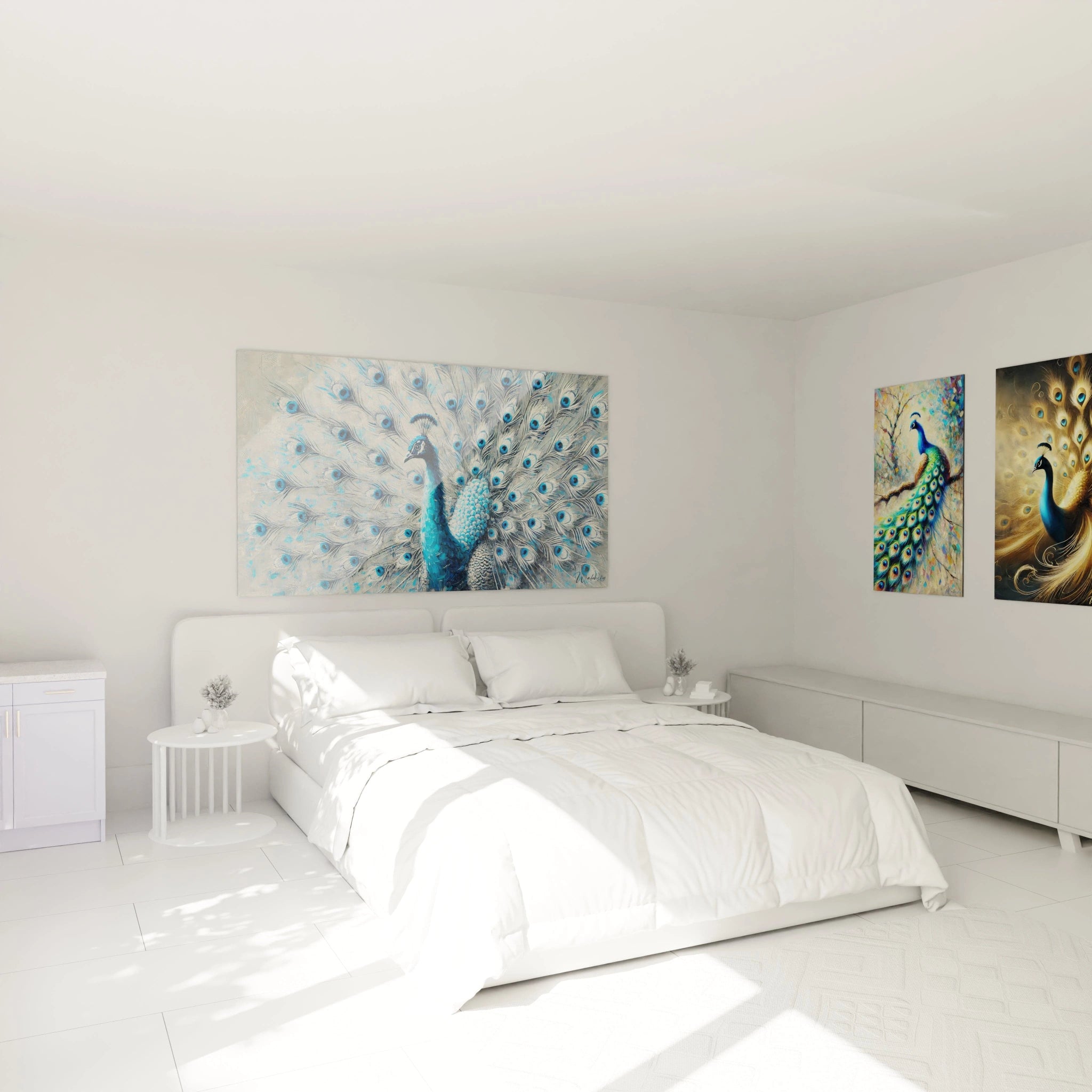 Ce tableau paon, accroché au-dessus du lit, ajoute une touche de sérénité et d'élégance. Ses teintes apaisantes transforment votre chambre en un espace harmonieux et raffiné.