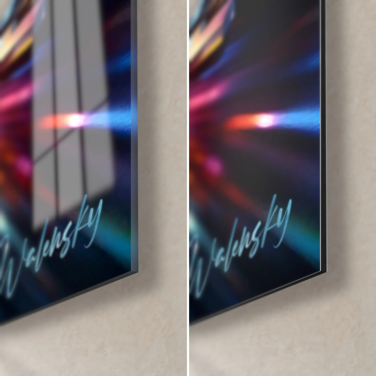 Gemälde zersplitterte Kristalle mit magentafarbenen und blauen Reflexen, untere rechte Ecke: glänzendes Glas links, mattes Dibond rechts, 3 mm Kantenstärke