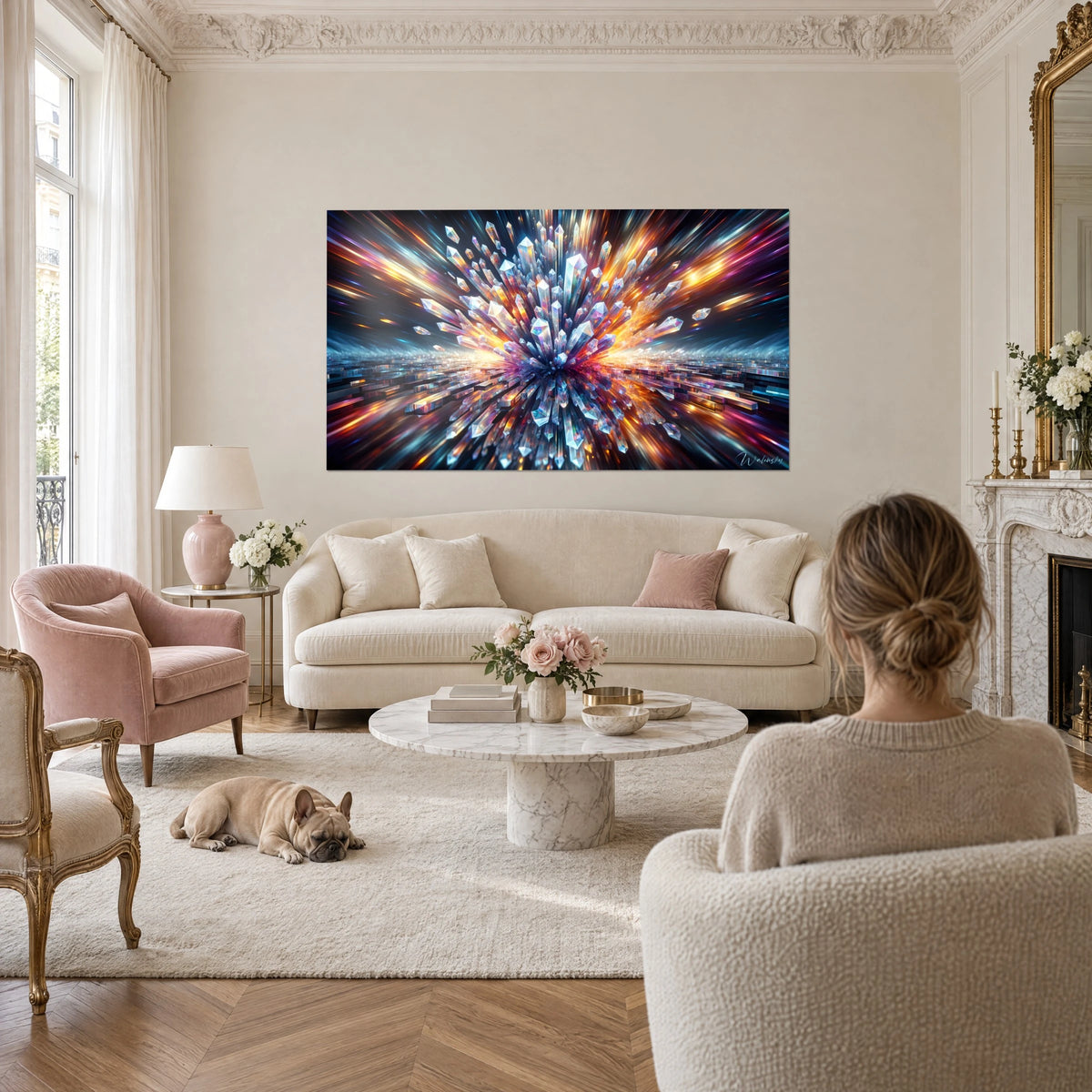 Gemälde Explosion blauer und oranger Prismenkristalle, Betrachterin von hinten und Bulldogge, über einem Sofa in einem hellen Wohnzimmer