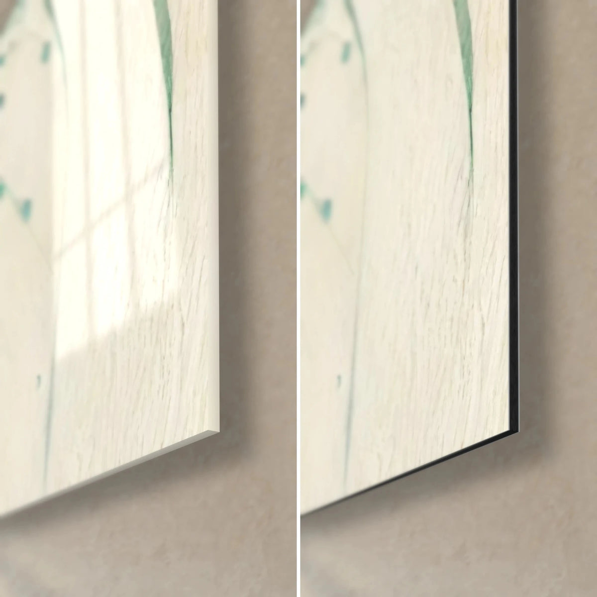 Gemälde eines Reihers in Aquarelltechnik, untere rechte Ecke: glänzendes Acrylglas mit Reflexen links, mattschwarzes Dibond-Aluminium rechts, 3 mm Kantenstärke