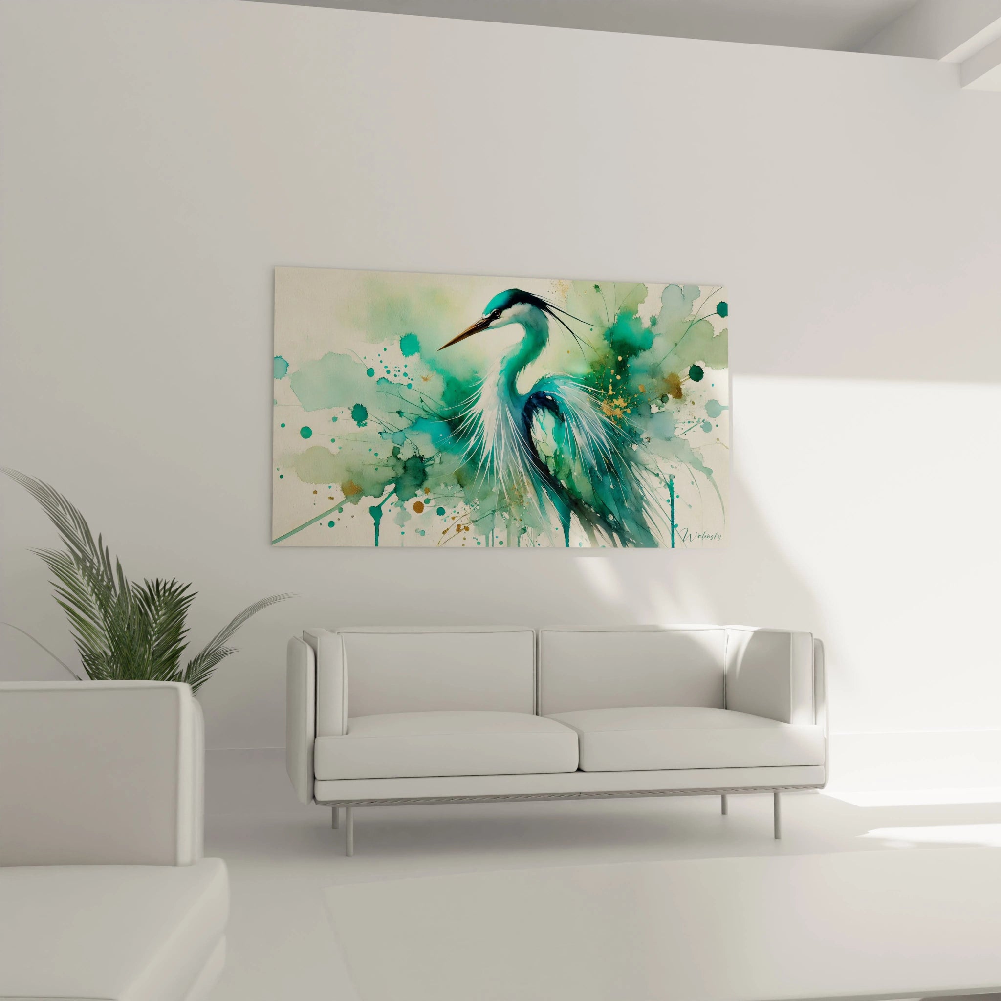 Tableau heron accroche au mur dans un salon au-dessus d un canape sa palette de vert bleu et or inspire une elegance naturelle et s integre parfaitement dans un decor moderne