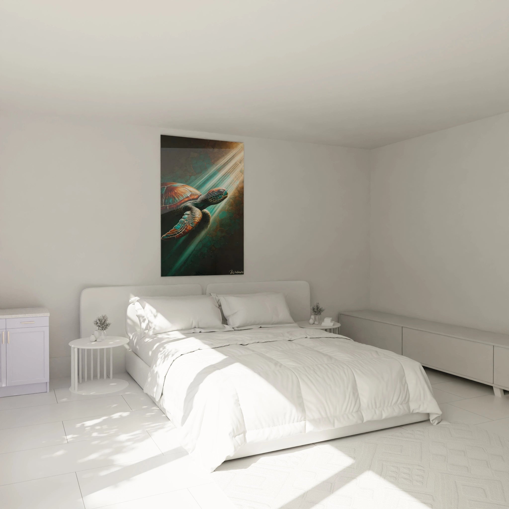 Sublimez votre chambre avec ce tableau tortue de mer accroché au-dessus du lit. Son contraste saisissant entre lumière et ombre ajoute une ambiance marine relaxante idéale pour un sommeil paisible.