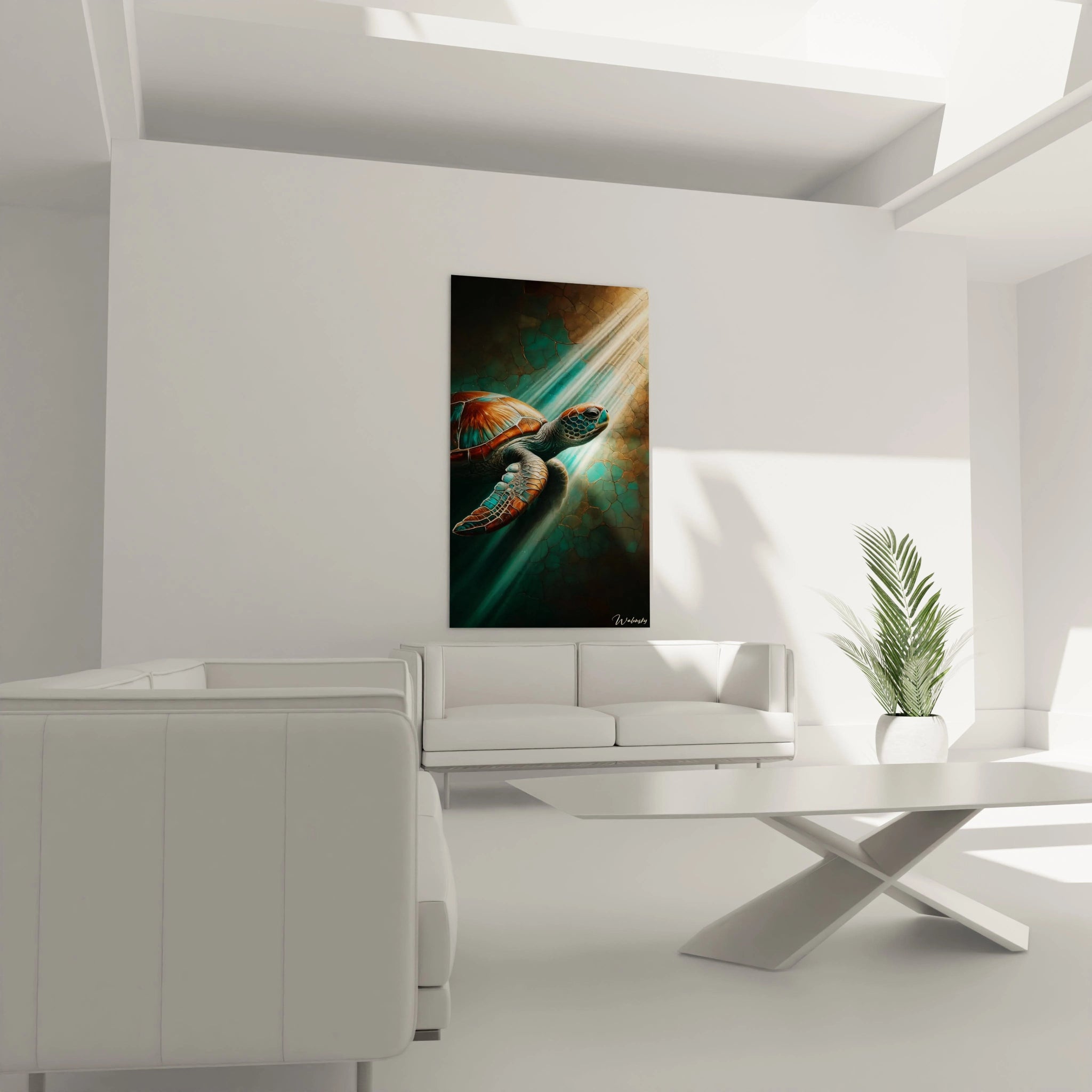 Ce tableau tortue de mer surplombant un canapé crée un point focal exotique dans le salon. Les couleurs naturelles de la tortue apportent chaleur et tranquillité à votre intérieur contemporain.