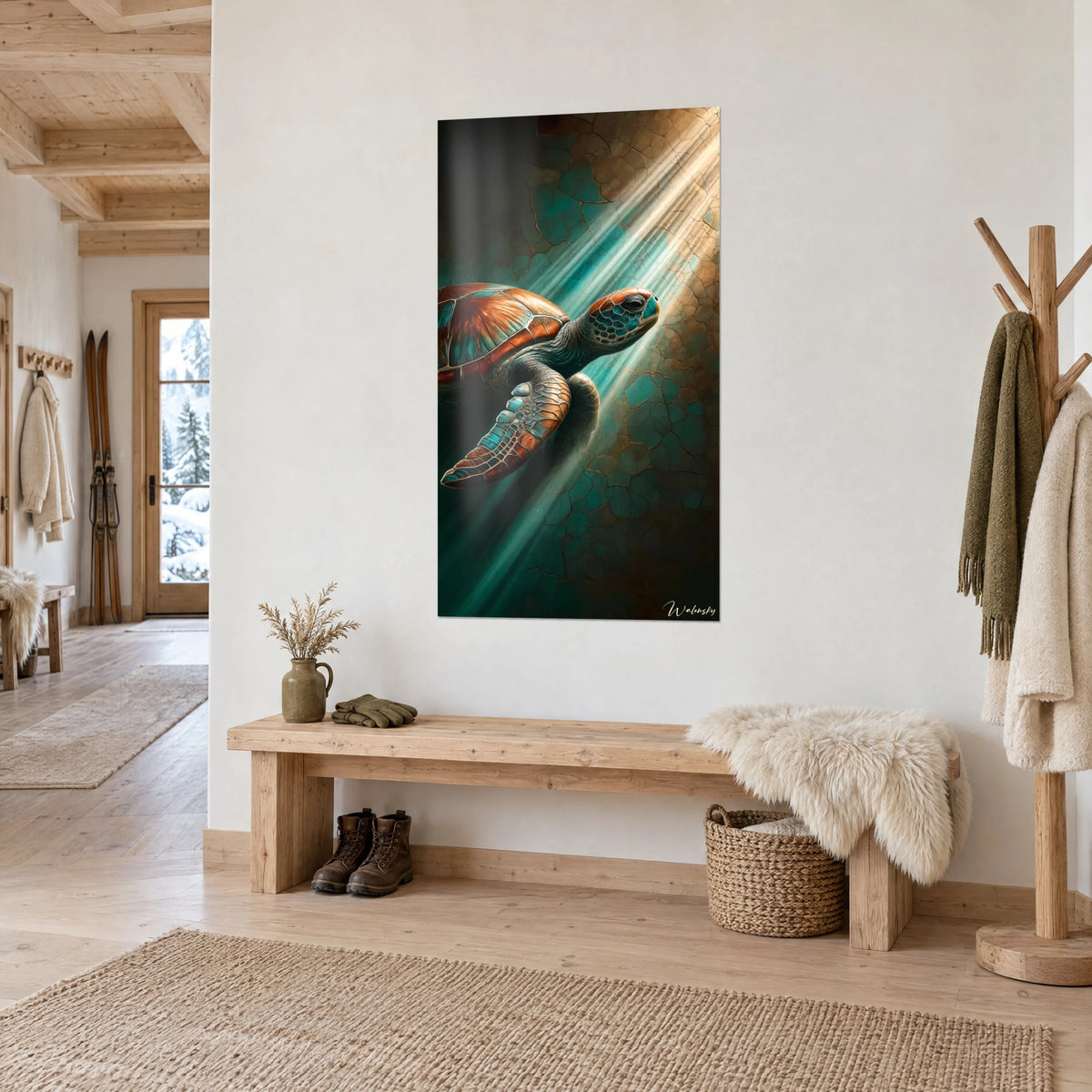 Cuadro reptil marino con caparazón naranja y turquesa, rayos de luz ámbar sobre una pared agrietada, en un chalet luminoso