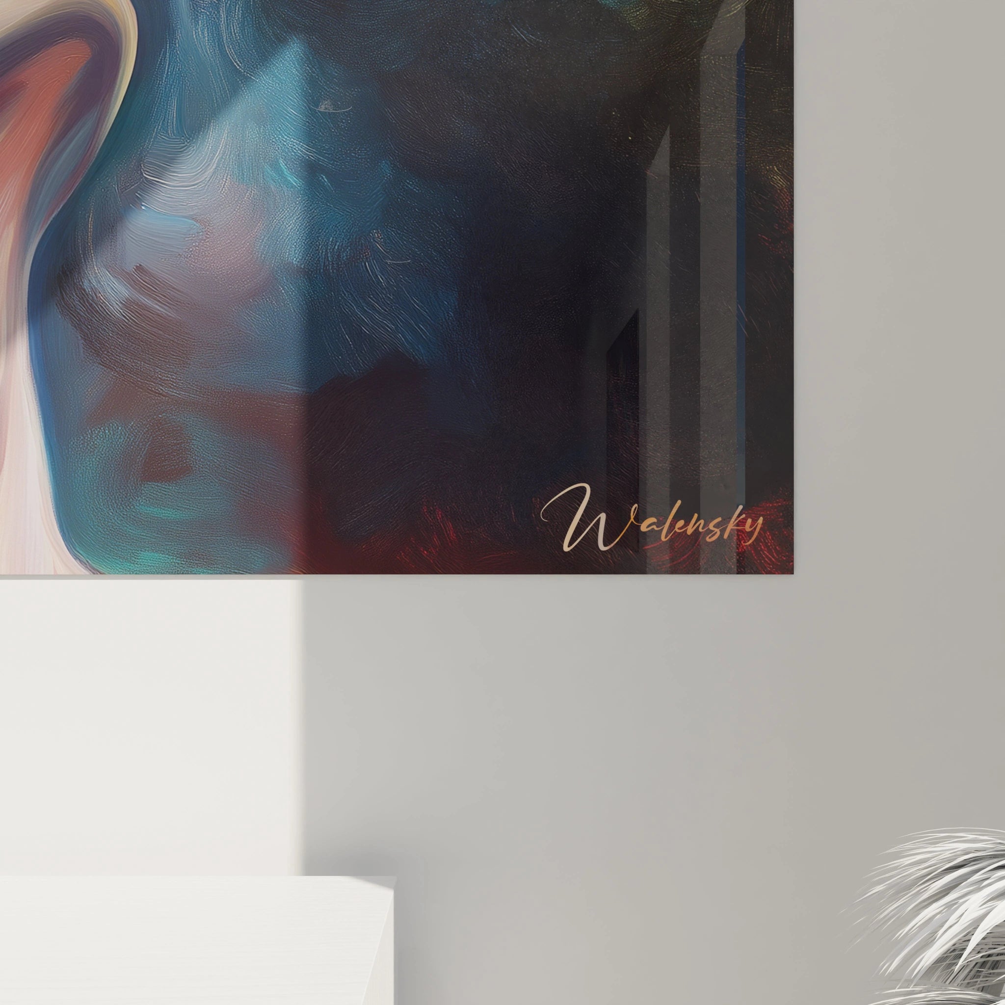 Détail d’un tableau peinture contemporaine abstrait mettant en avant des teintes vibrantes de jaune et de rouge, des formes tourbillonnantes, et un visage féminin sur un arrière-plan texturé multicolore.