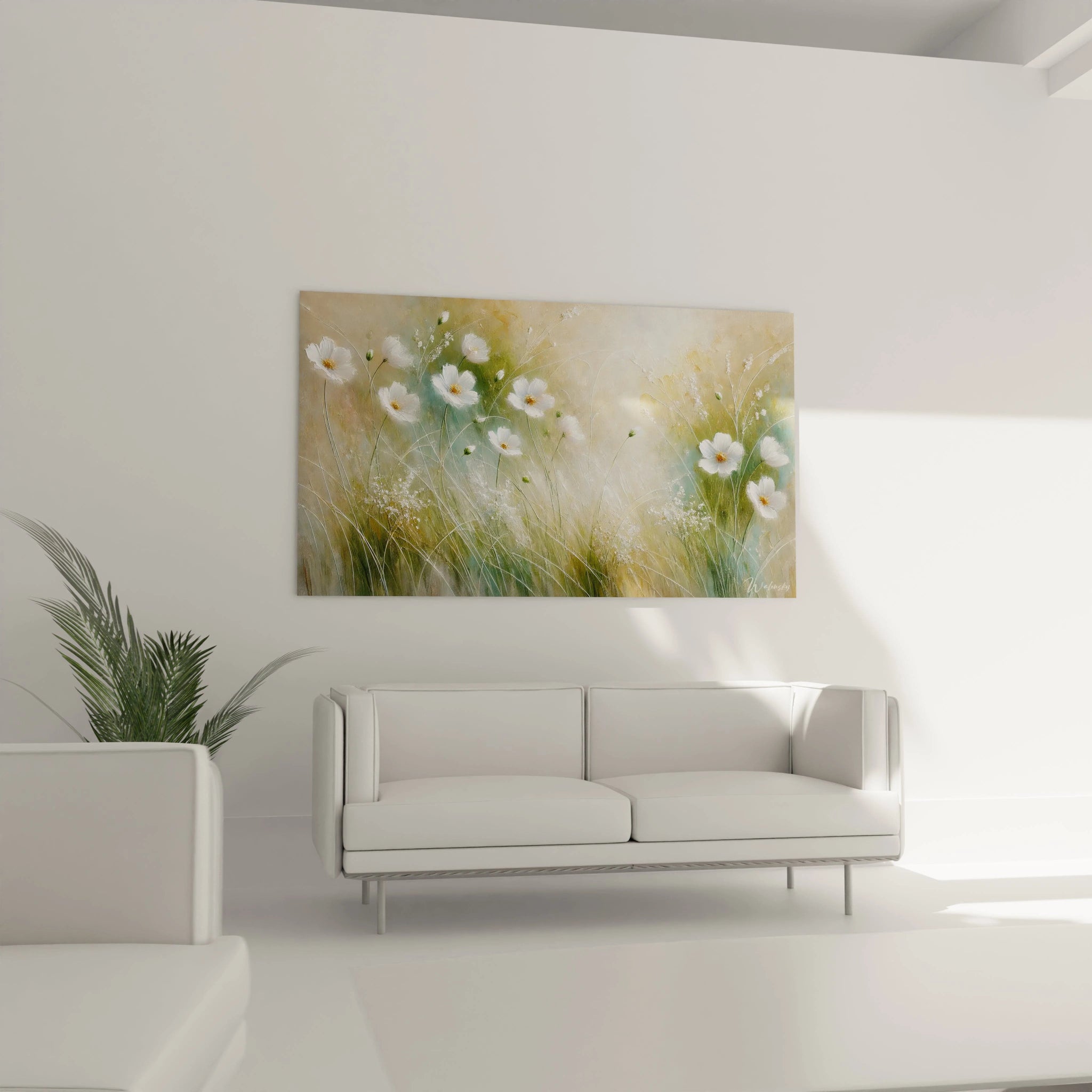 tableau Printemps dans un salon au dessus du canapé diffusant une atmosphere printaniere et poetique. La composition aérée et les teintes harmonieuses insufflent calme et légèreté à l intérieur