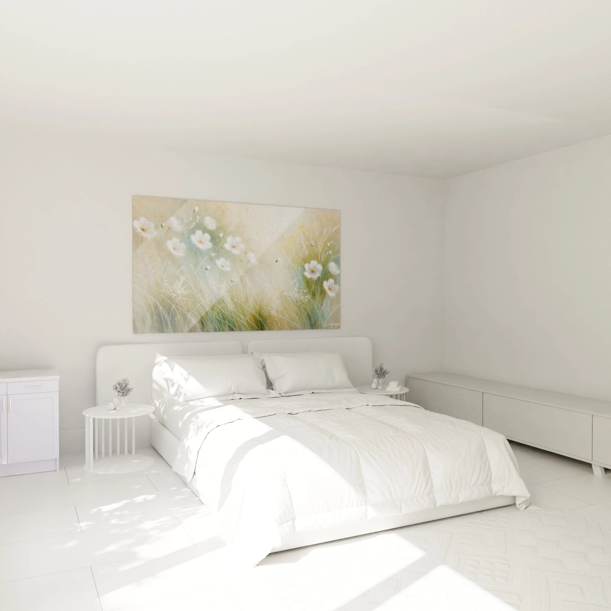 tableau Printemps au dessus du lit dans une chambre apportant une ambiance de calme et de fraicheur. Les fleurs lumineuses et les couleurs douces creent un espace serein et propice au repos
