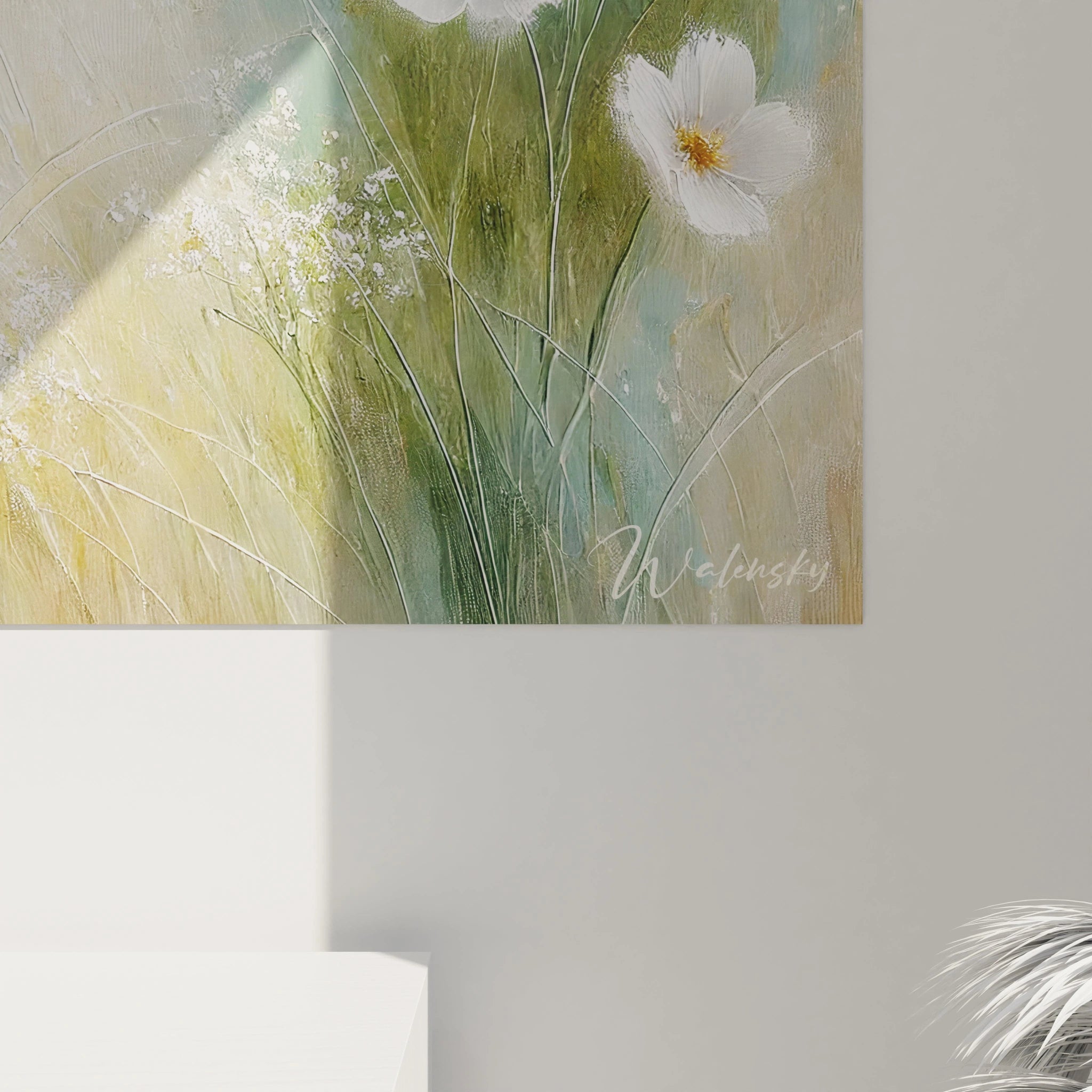 Vue de pres du tableau Printemps révélant les détails subtils et les couleurs délicates. Les fleurs épanouies et les coups de pinceau fins offrent un moment d evasion dans la nature