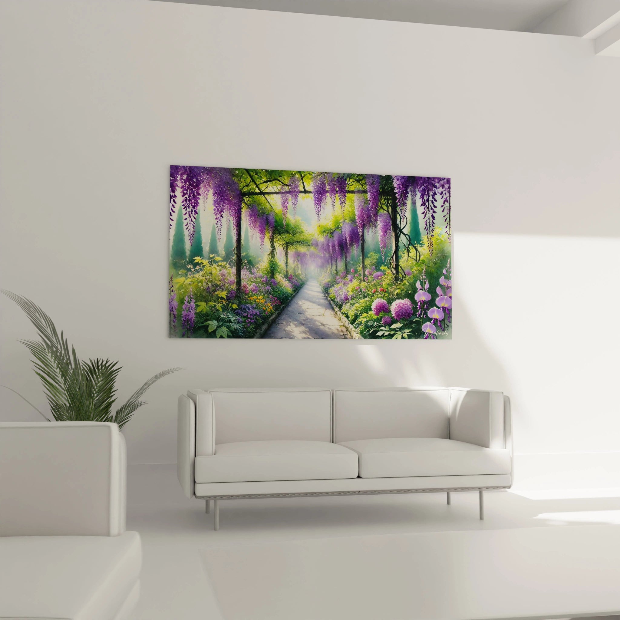 Dans un salon au-dessus du canapé, ce tableau Printemps invite à la détente avec ses couleurs douces et ses glycines en cascade. Un choix parfait pour une touche de calme et de verdure.