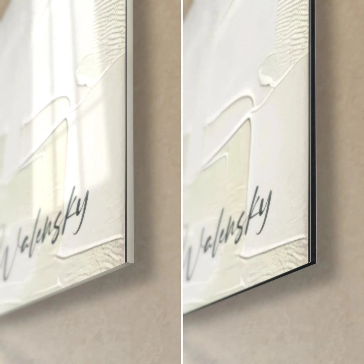 Wall art white flower in relief, bottom right corner, glossy glass with reflections and matte cream white Dibond, 3 mm edge visible