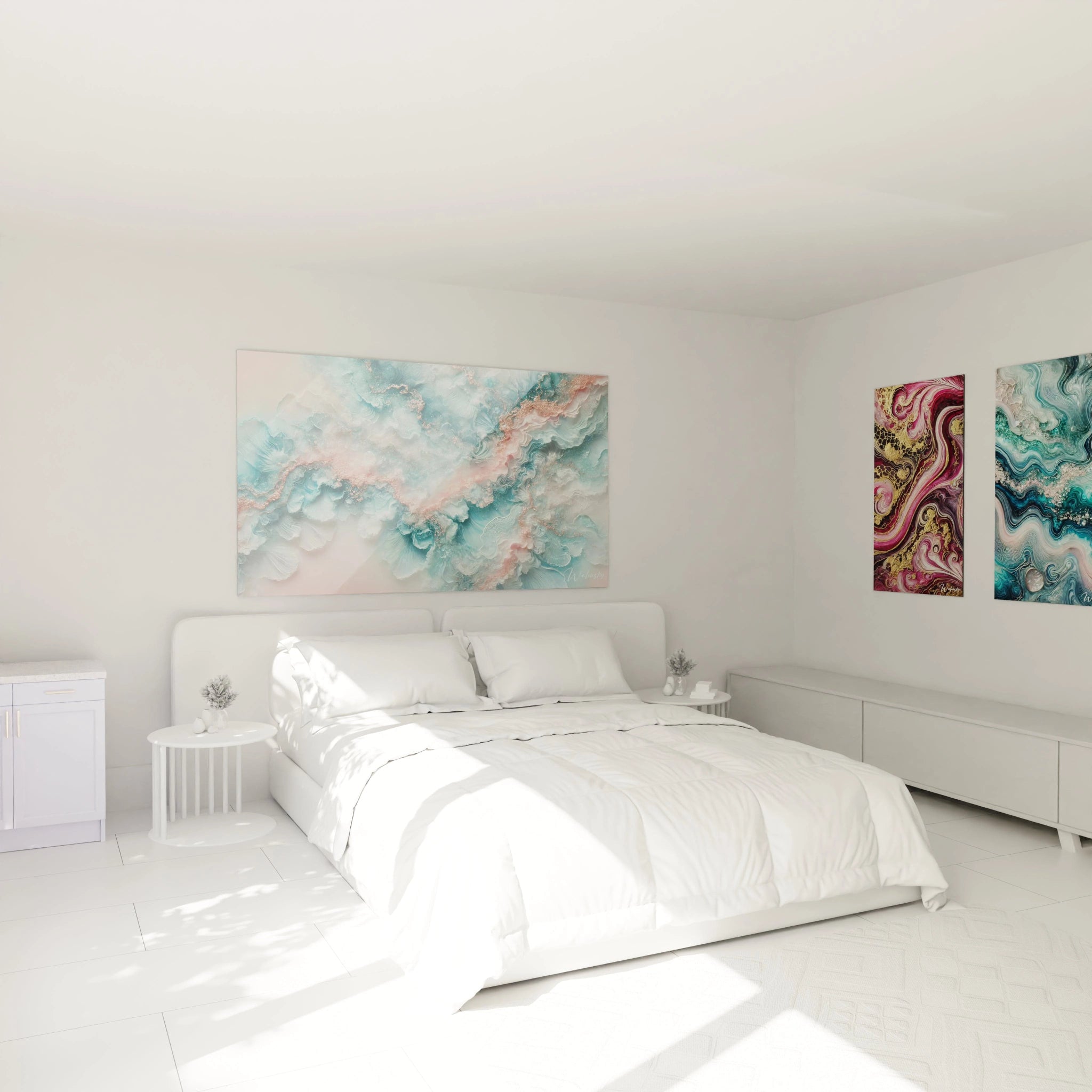 Tableau style epoxy au-dessus du lit dans une chambre apaisante, ses nuances douces de bleu et rose apportent sérénité et tranquillité, une atmosphère douce et rêveuse pour la pièce.