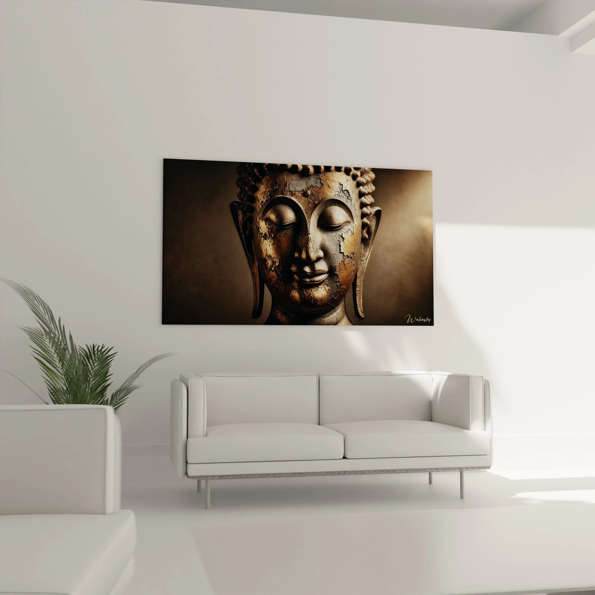 Sublimez votre salon avec ce tableau Bouddha placé au-dessus du canapé. Ses nuances bronze et or diffusent une énergie calme et transforment votre espace en sanctuaire de paix.