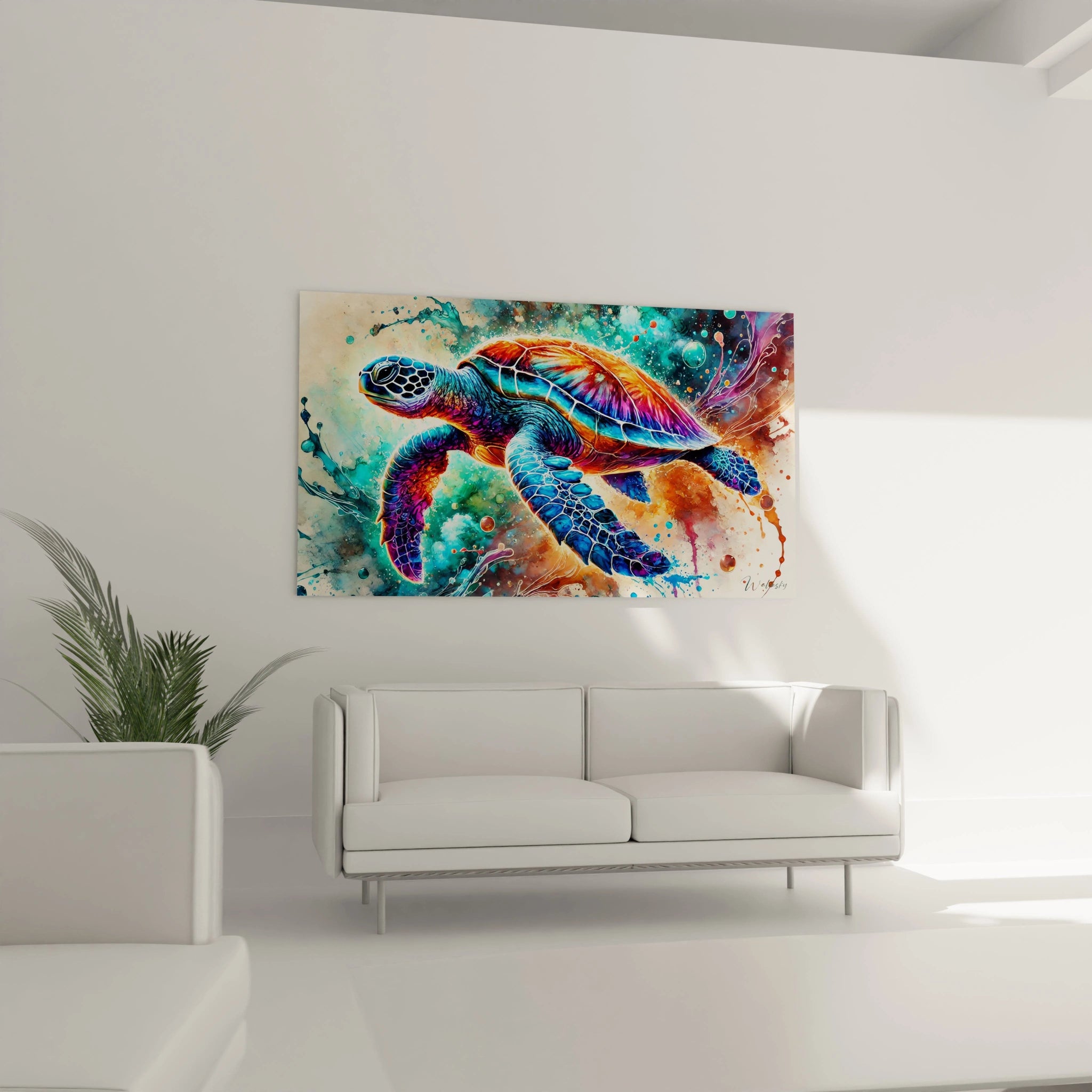 Parfaitement positionné au-dessus d'un canapé dans un salon, ce tableau tortue de mer enrichit la pièce d'un style contemporain. Les couleurs éclatantes et le design abstrait apportent dynamisme et modernité à la décoration.