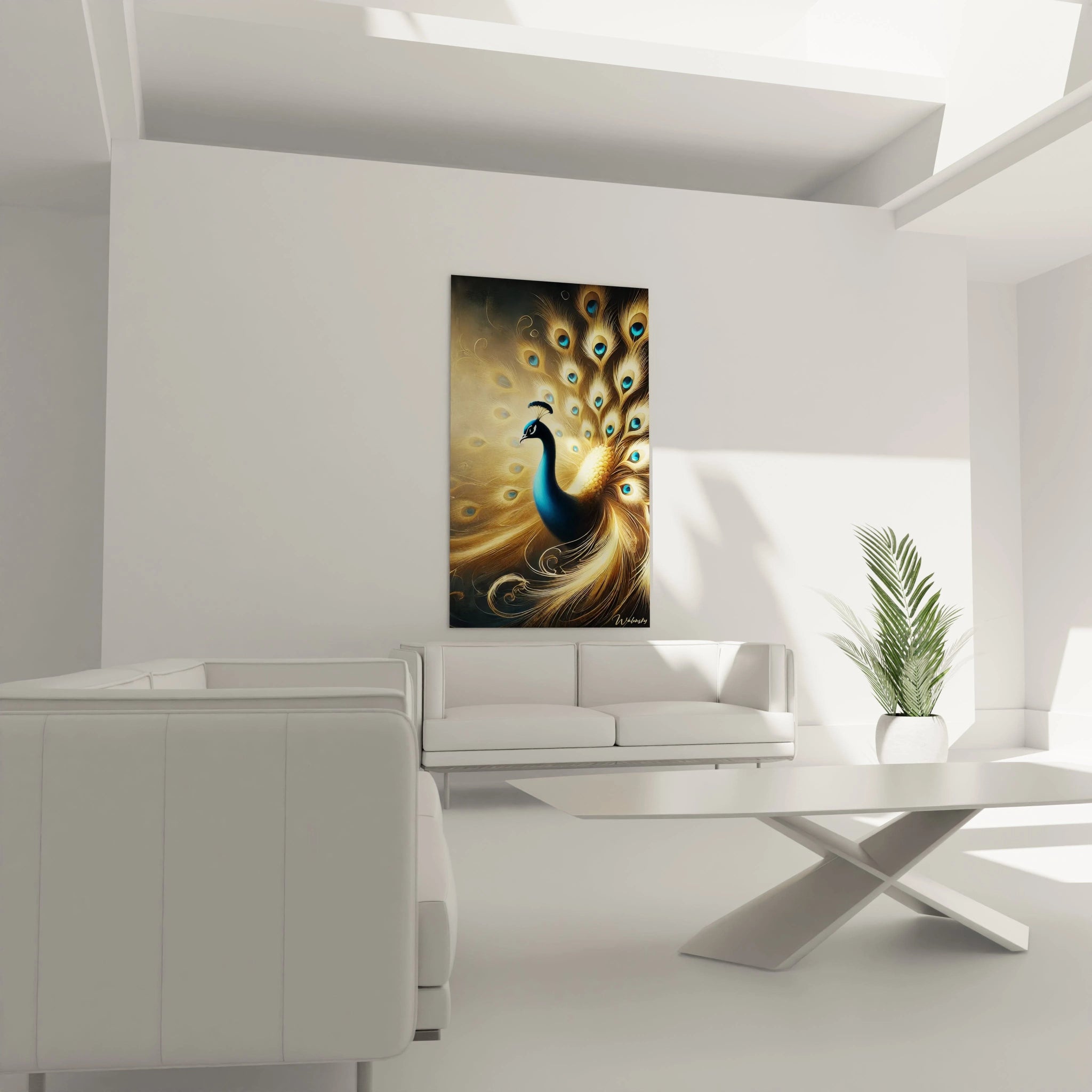 Ce tableau paon accroché dans un salon apporte une touche d'exotisme et de luxe avec ses plumes dorées et bleues, parfait pour un espace contemporain et captivant au-dessus d'un canapé.