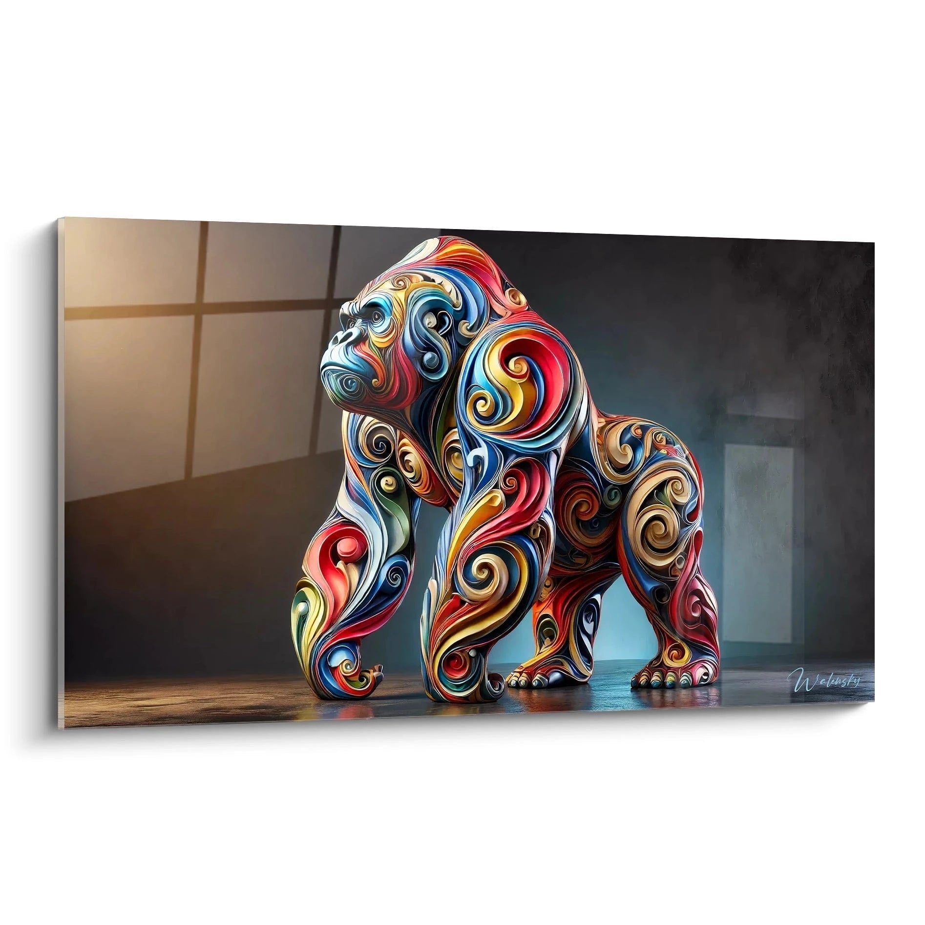 Ce tableau gorille est une œuvre audacieuse qui attire le regard avec ses motifs tourbillonnants. Les couleurs vives comme le bleu, le rouge et le jaune ajoutent une énergie captivante.
