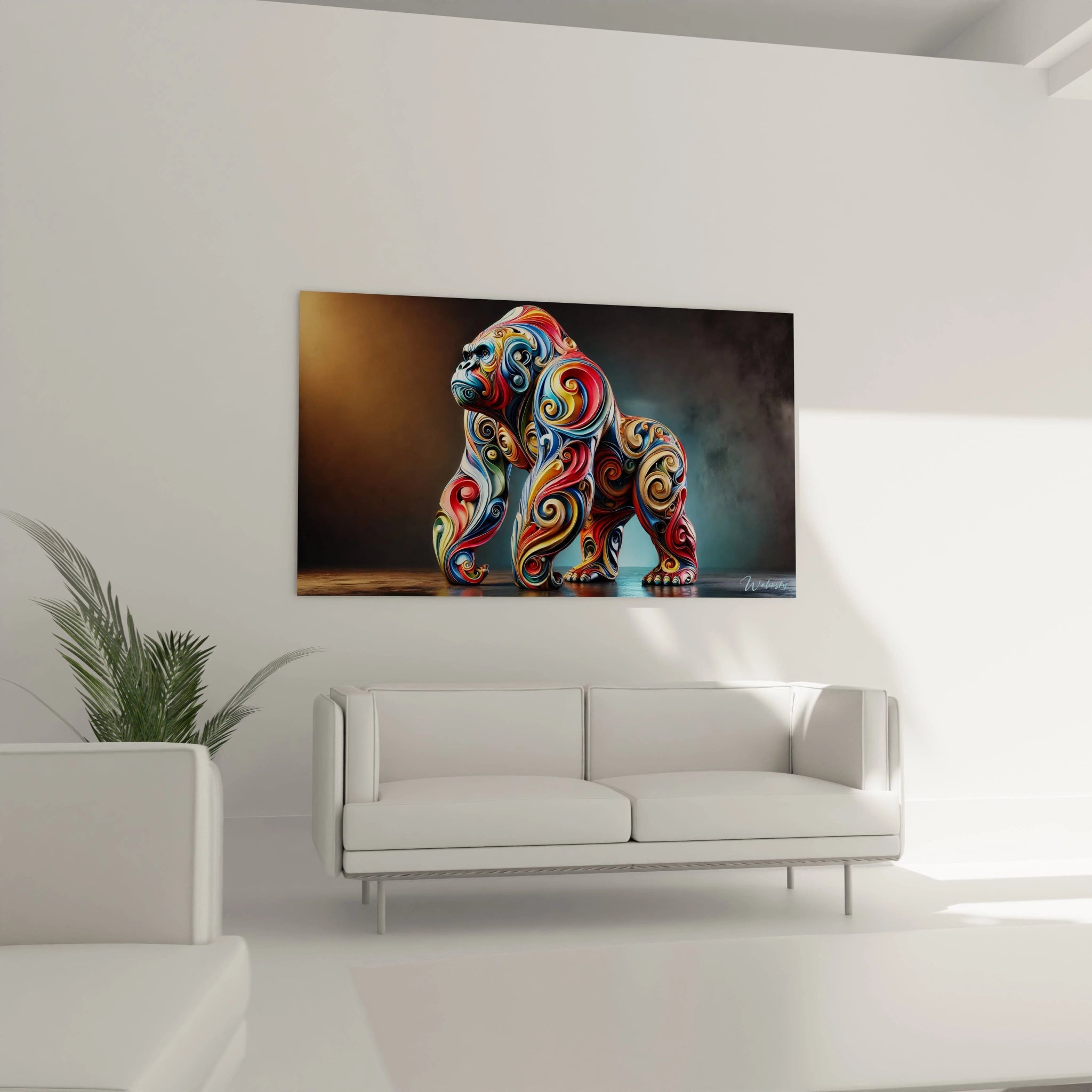 Dans le salon, ce tableau gorille illumine l'espace au-dessus du canapé. Les couleurs vibrantes et le design abstrait transforment la pièce, en offrant une atmosphère moderne et accueillante.