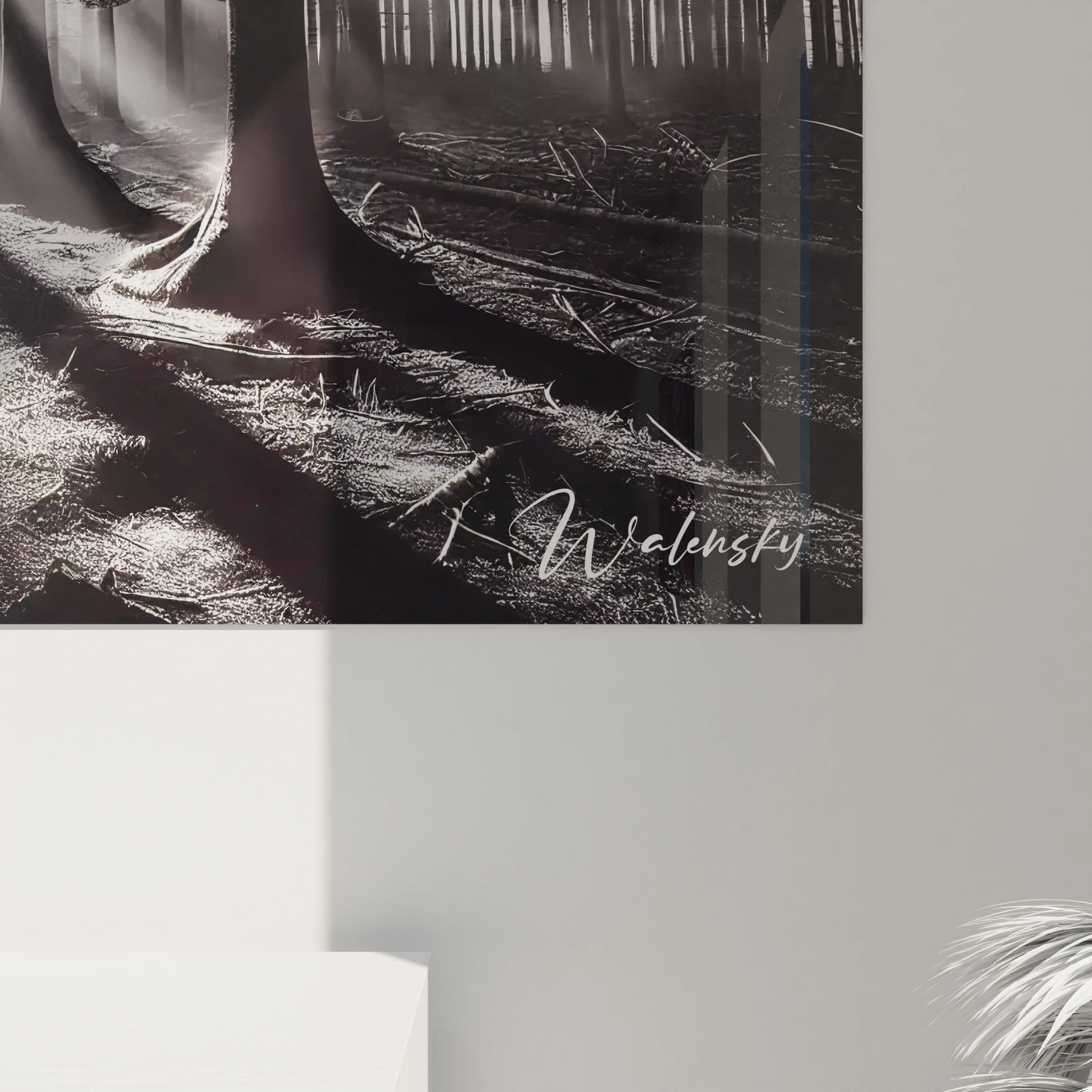 Détail en gros plan d'un tableau en verre acrylique noir et blanc - Angle inférieur droit - Œuvre d'art moderne de grande taille - Texture et finition de haute qualité - Collection de tableaux géants - Art contemporain.