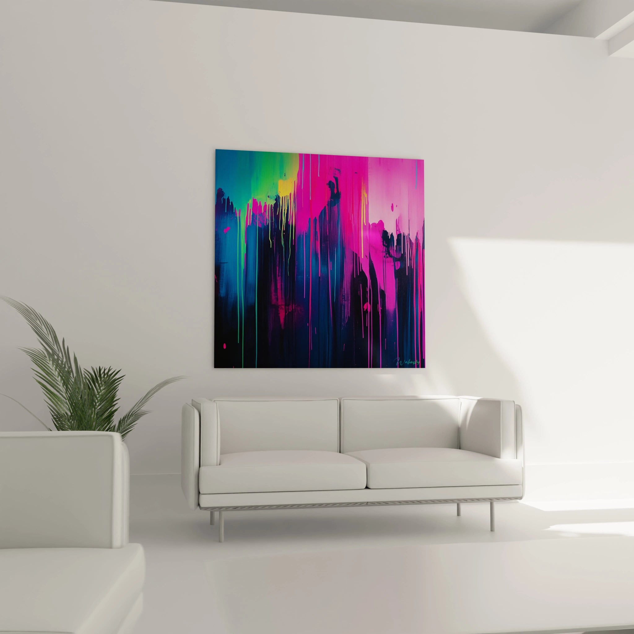 Un tableau abstrait contemporain caractérisé par une technique de dripping vertical maîtrisé, où les pigments roses et bleus s'écoulent en créant un mouvement dynamique, renforcé par des accents de vert et jaune fluorescents.