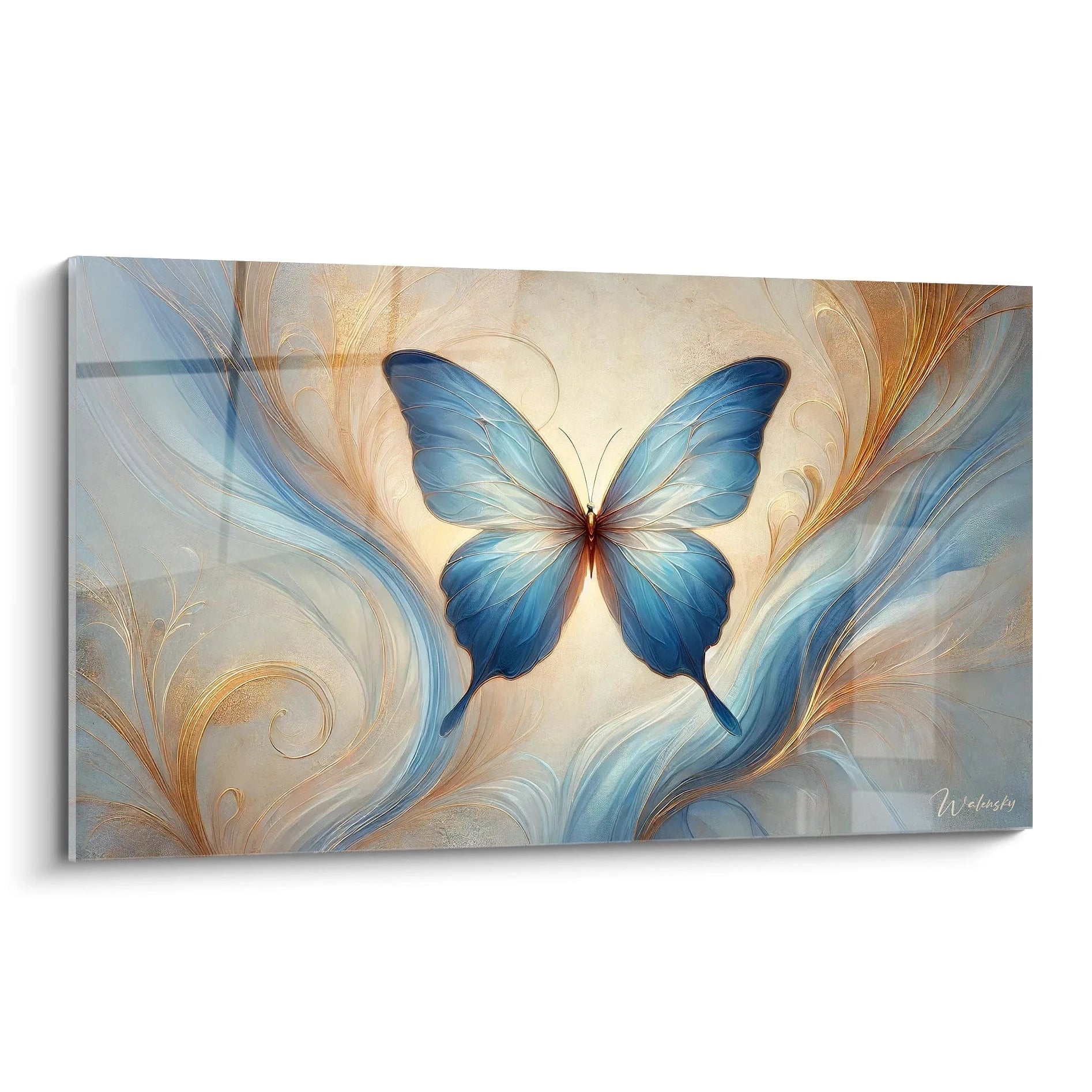 Tableau papillon captivant, représentant un majestueux loup au milieu de courbes fluides dorées et bleues. Idéal pour sublimer votre décoration avec une touche de liberté et de sophistication naturelle.