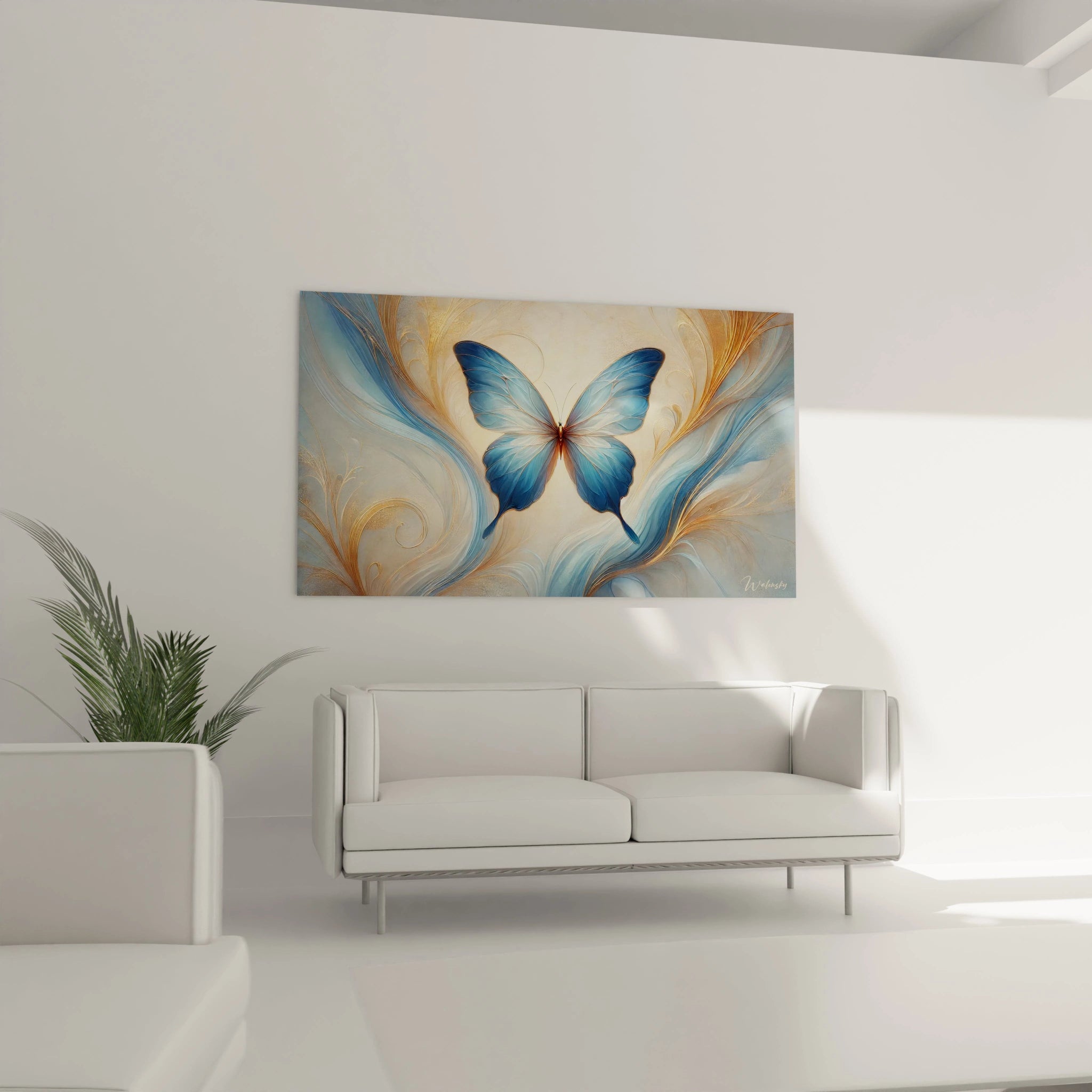 Tableau papillon accroché au-dessus du canapé, apportant une élégance raffinée au salon. Ses nuances de bleu et d'or inspirent sérénité et opulence, transformant votre espace en un lieu de beauté.
