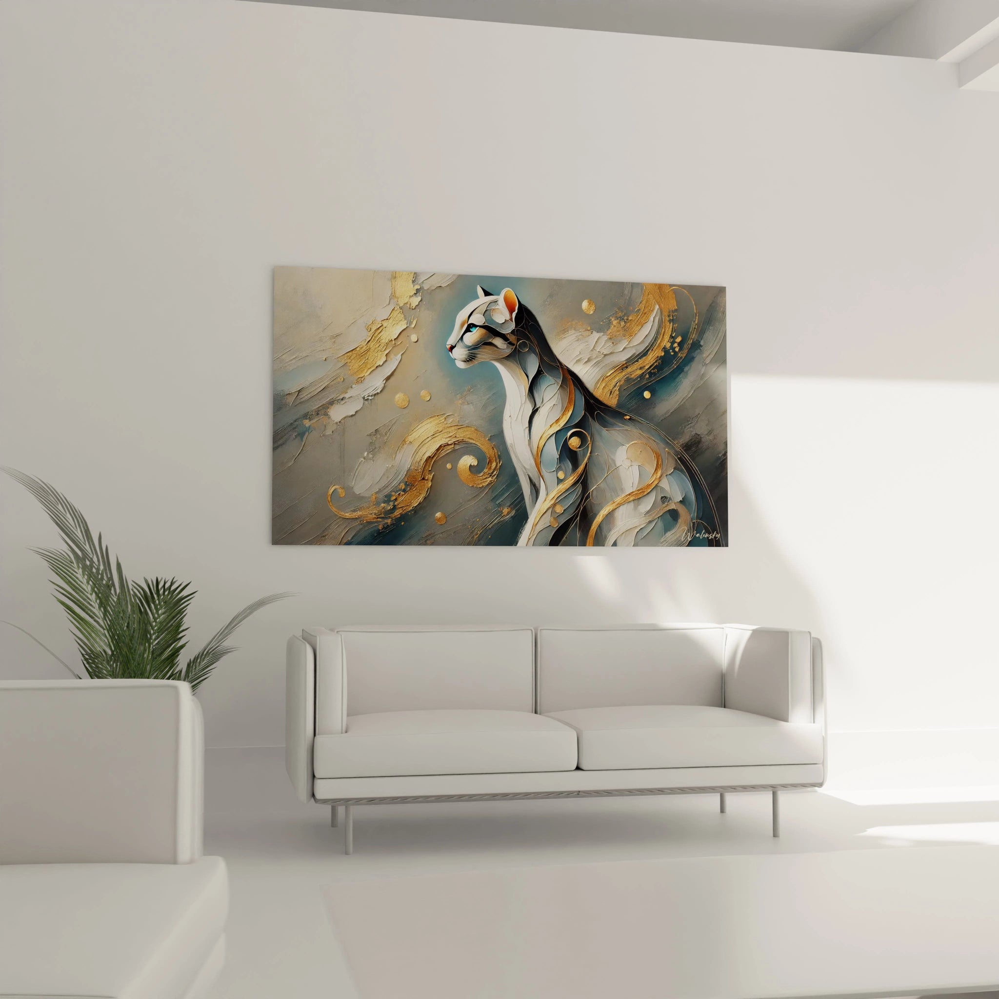 Dans un salon moderne, ce tableau ocelot au-dessus du canapé attire le regard avec ses éclats dorés et ses lignes abstraites. Parfait pour une atmosphère chic et mystérieuse.