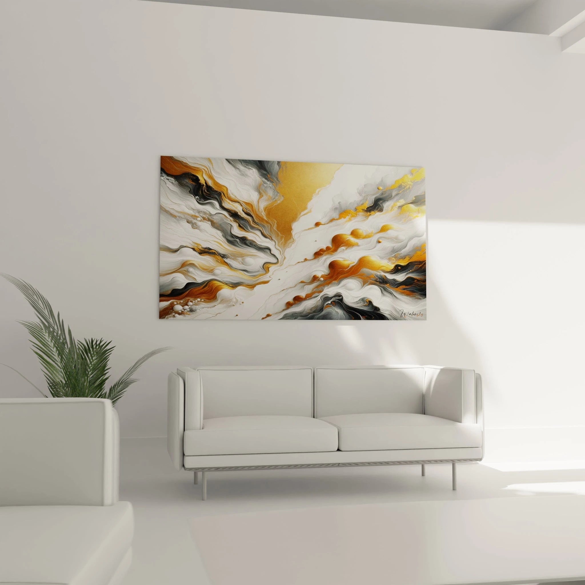 Tableau abstrait montrant une rivière dorée traversant des formations marbrées. Gamme chromatique limitée au blanc nacré, or éclatant, gris fumé et noir charbon. Texture marbrée avec veines ondoyantes et éléments sphériques disséminés. Composition centrée sur une faille lumineuse dorée entourée de courants fluides aux teintes contrastées.