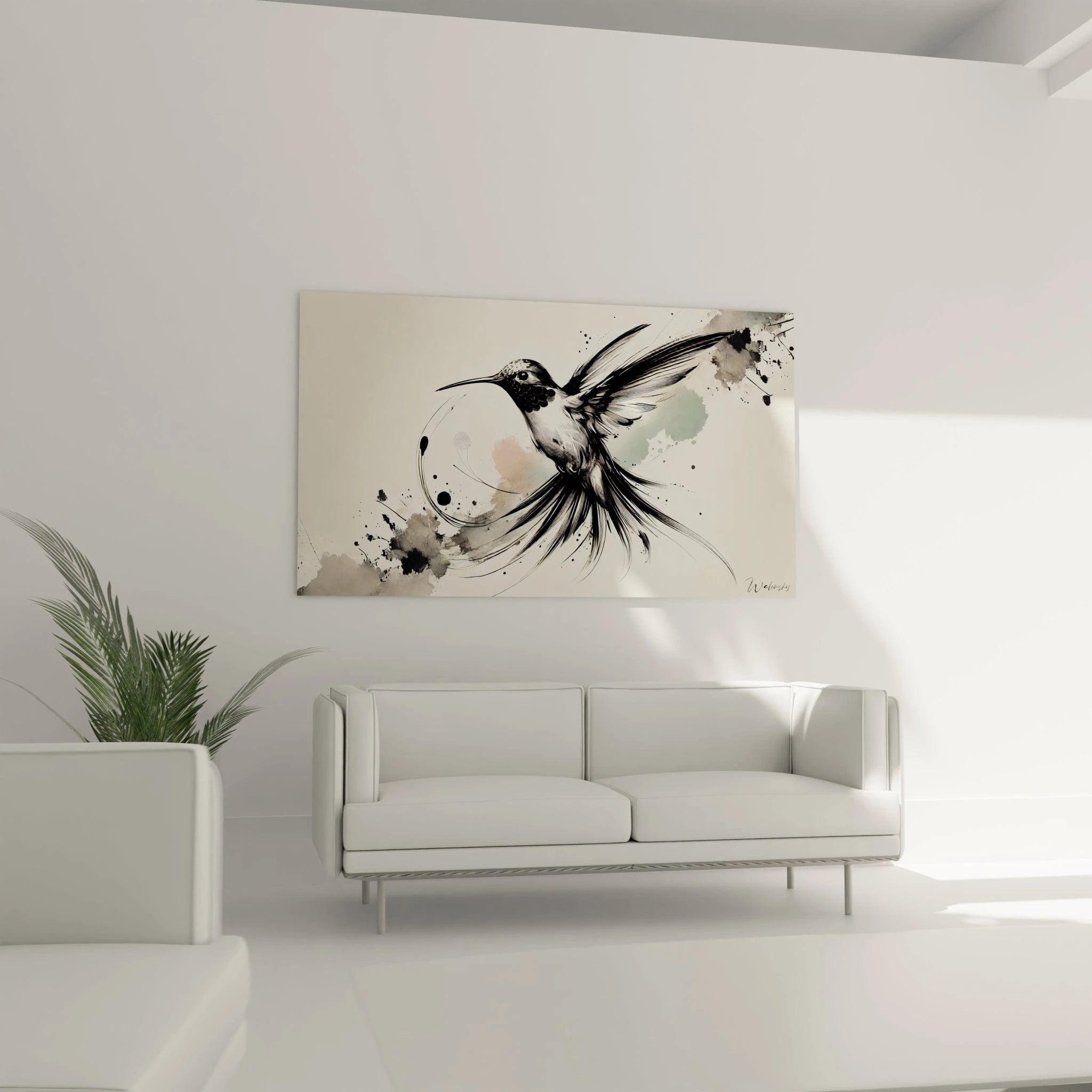 Dans un salon : tableau colibri au-dessus d’un canapé dans un intérieur moderne. Sa palette sobre et ses détails organiques ajoutent une touche artistique raffinée et intemporelle.
