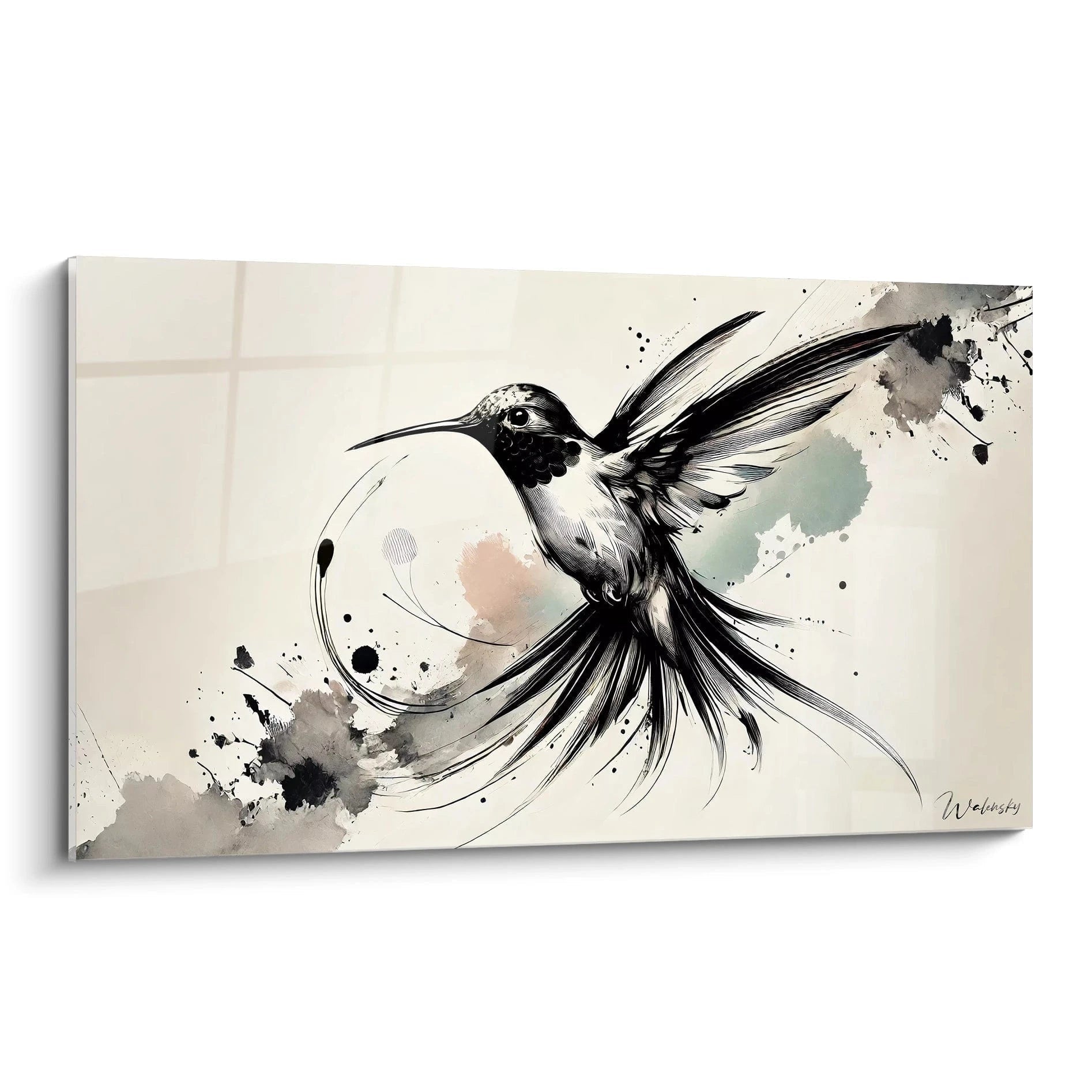 Vue de biais : un tableau colibri minimaliste en noir, beige et gris avec touches pastel. Capturant un instant poétique de mouvement suspendu, idéal pour une ambiance moderne et élégante.