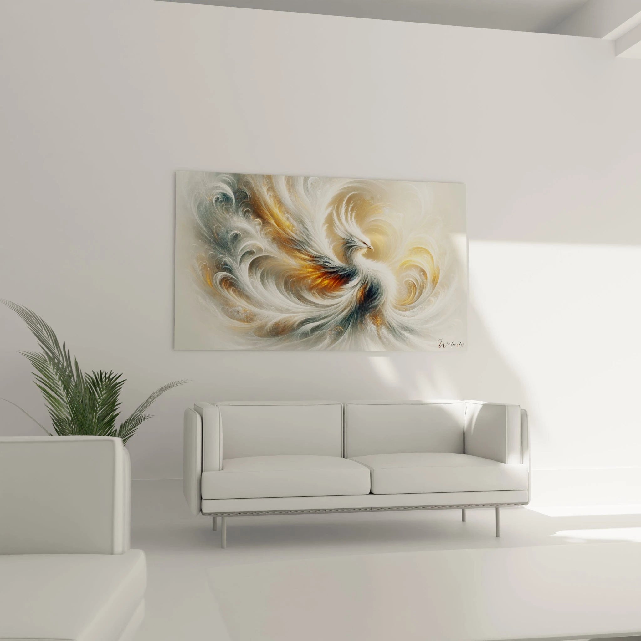 Tableau abstrait montrant un tourbillon de voiles diaphanes. Gamme chromatique subtile alliant blanc lumineux, gris bleuté, beige doré et ambre pâle. Effet visuel de légèreté obtenu par superposition de filaments courbes et luminosité diffuse. Composition dynamique avec motif rotatif et dégradés progressifs créant une sensation de mouvement perpétuel.