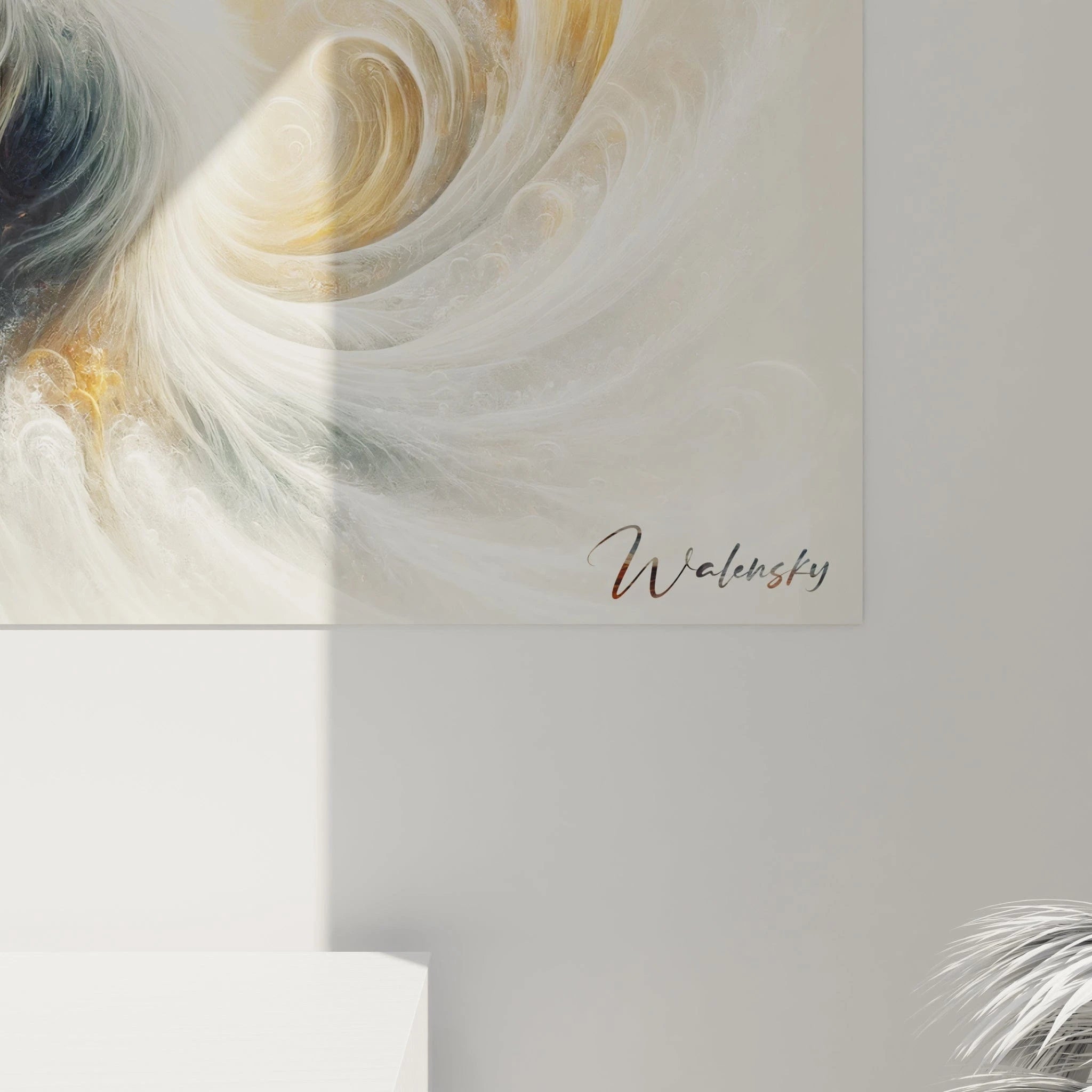 Tableau abstrait présentant des volutes évanescentes en rotation. Spectre coloré minimaliste de blanc pur, gris argenté et or subtil avec zones ambrées. Texture aérienne combinant courbes gracieuses et voiles translucides. Motif central tourbillonnant entouré de vagues concentriques créant une impression de fluidité et d'équilibre dynamique.