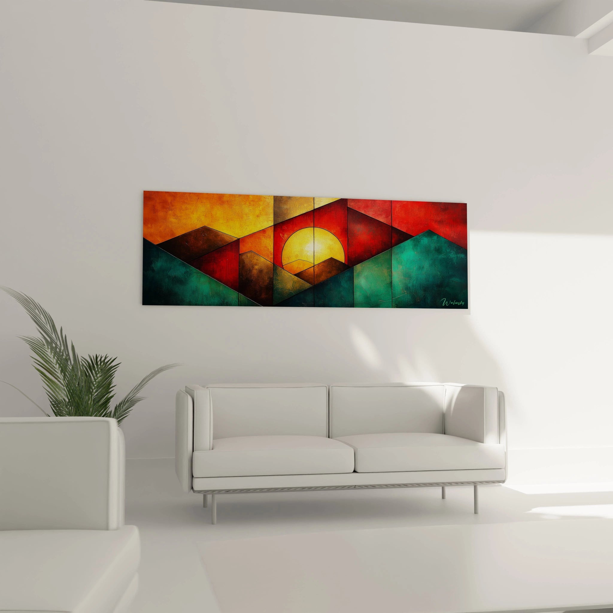 Tableau géométrique abstrait de Walensky avec des formes colorées et un soleil levant en toile moderne