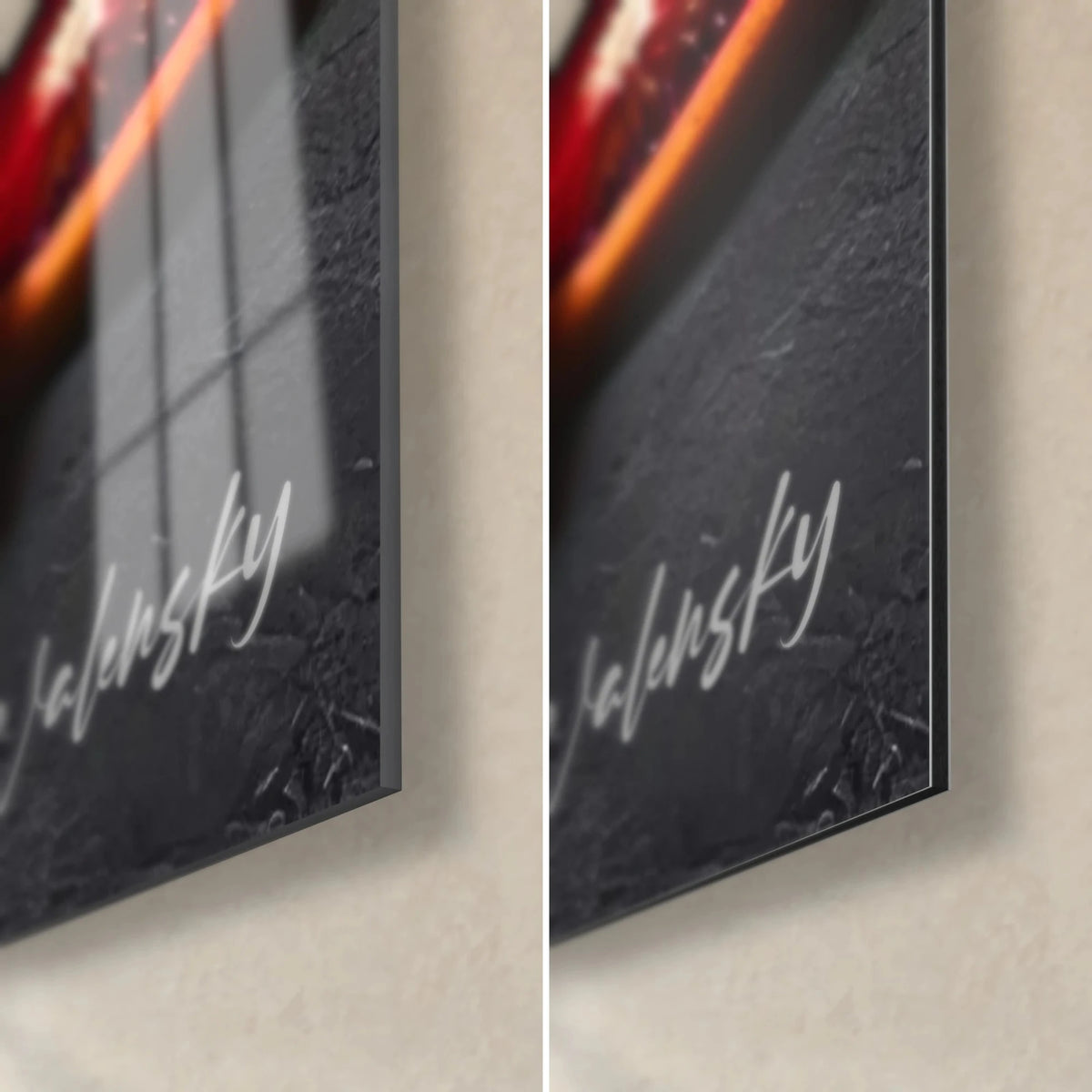 Wall art blood orange cross-section, bottom right corner: glossy acrylic glass on the left, matte black Dibond aluminium on the right, 3 mm edge