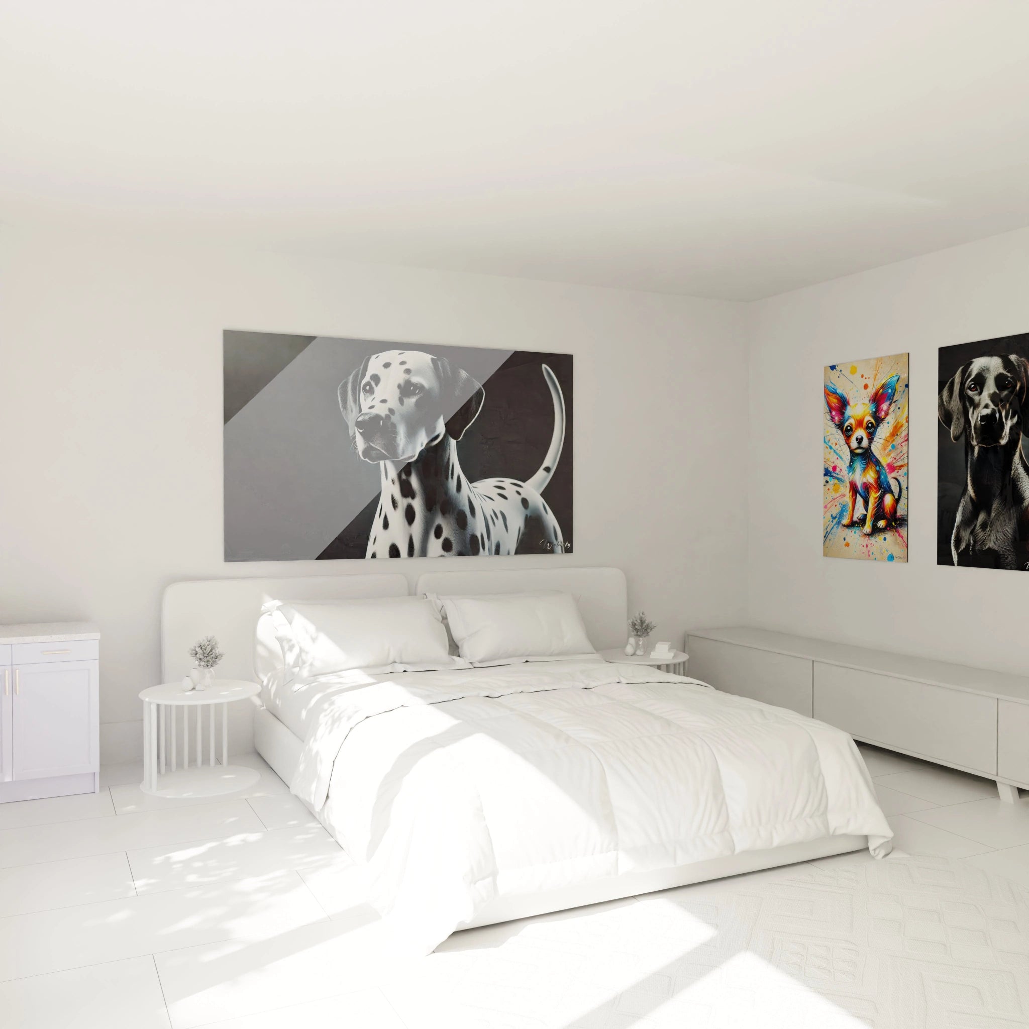 Ce tableau chien placé au-dessus d'un lit ajoute une touche de sophistication. Le dalmatien aux taches distinctes apporte un contraste unique dans cette chambre contemporaine et élégante.