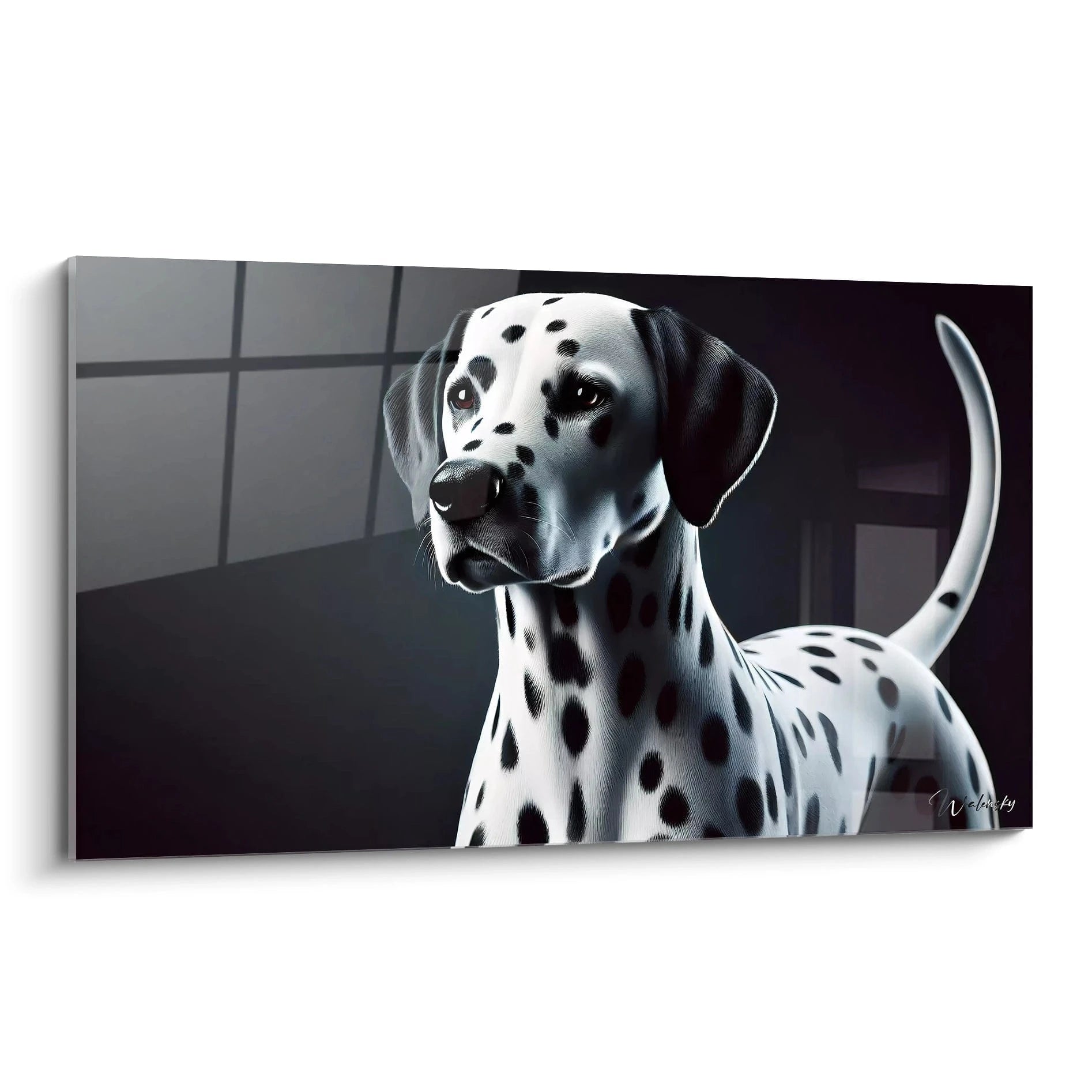 Admirez ce tableau chien hyperrealiste représentant un dalmatien majestueux. Les détails saisissants de son pelage tacheté ressortent parfaitement dans cette vue de biais, pour un effet captivant.
