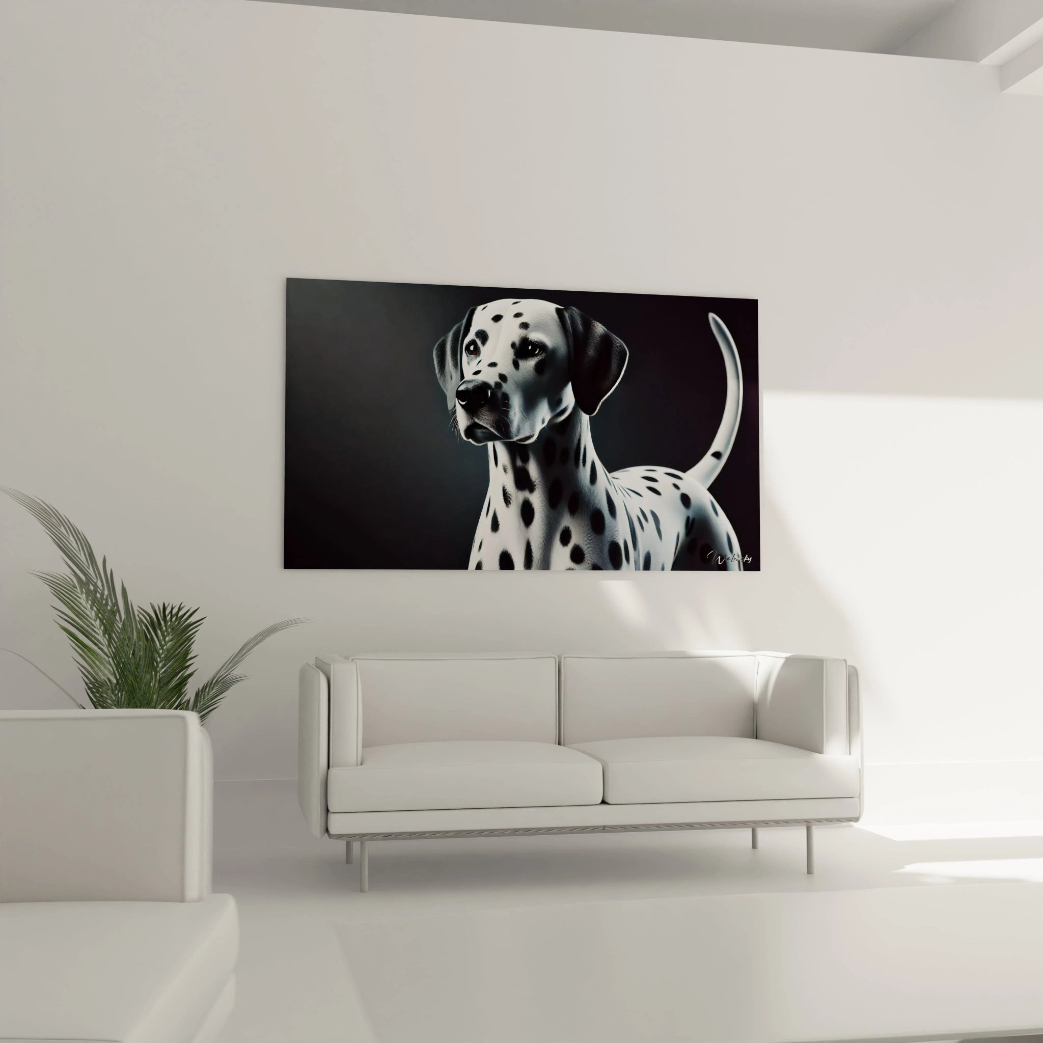 Accroché au-dessus d'un canapé, ce tableau chien transforme le salon avec son allure élégante. Le contraste entre le pelage tacheté et l'arrière-plan sombre crée un point focal raffiné.