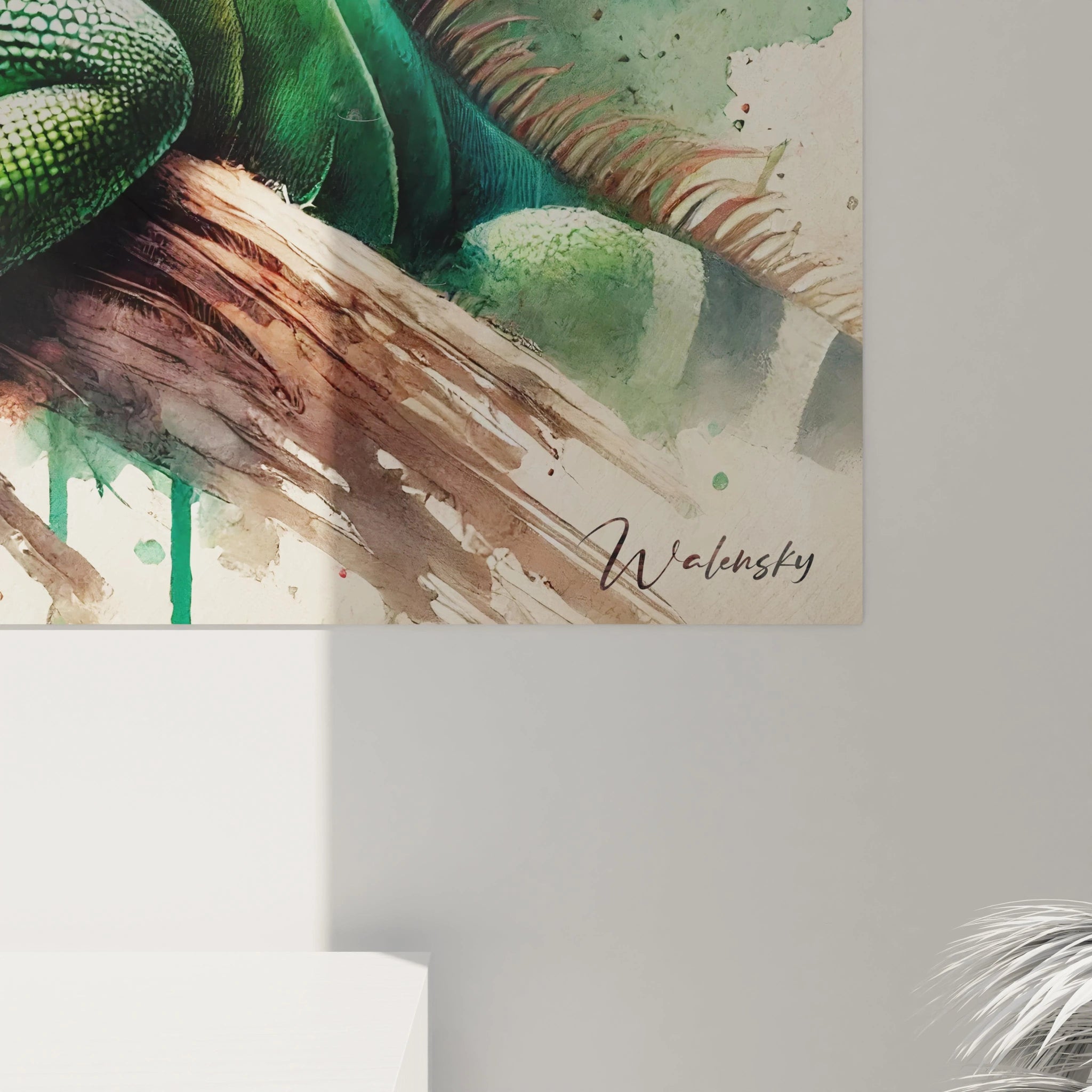 La texture et les détails de ce tableau iguane se révèlent pleinement de près. Chaque éclat de couleur et chaque ligne sont un hommage à la beauté naturelle de cet animal.