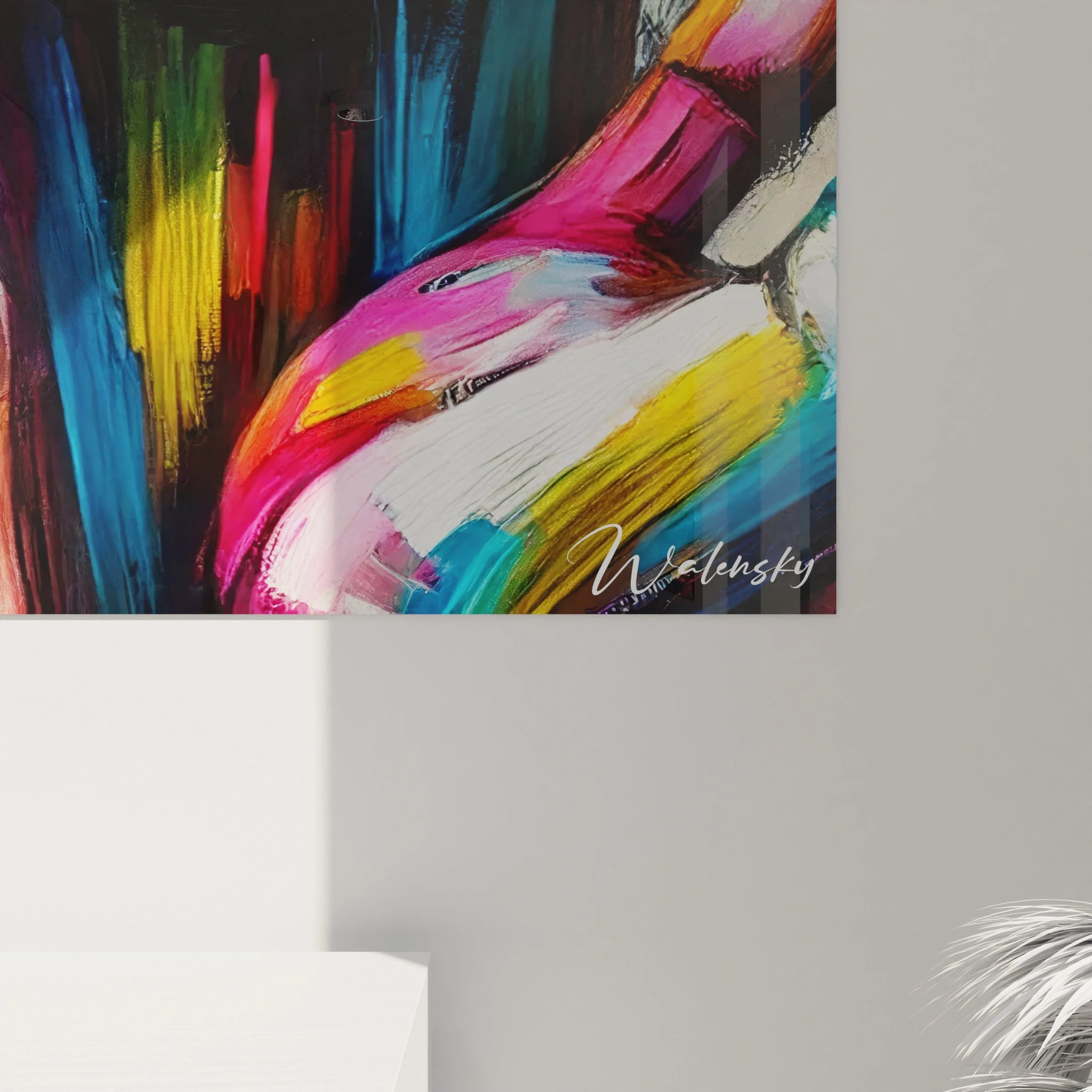 "Gros plan du tableau : détails texturés des touches de peinture épaisse représentant un visage féminin, mêlant rose, bleu, jaune et vert pour une composition captivante."