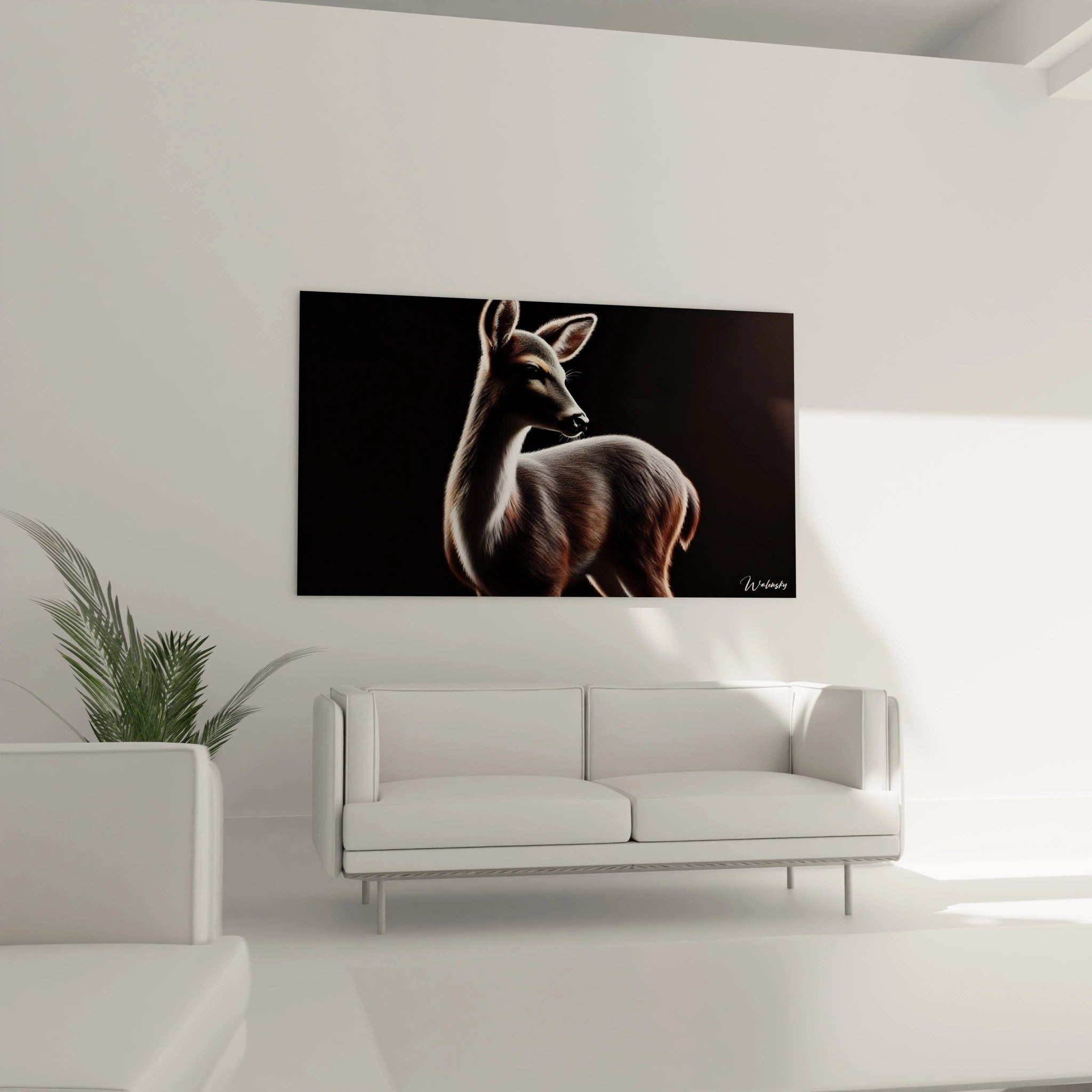 Installez ce tableau biche au-dessus de votre canapé pour une décoration moderne. Sa composition minimaliste crée un point focal captivant dans votre salon.