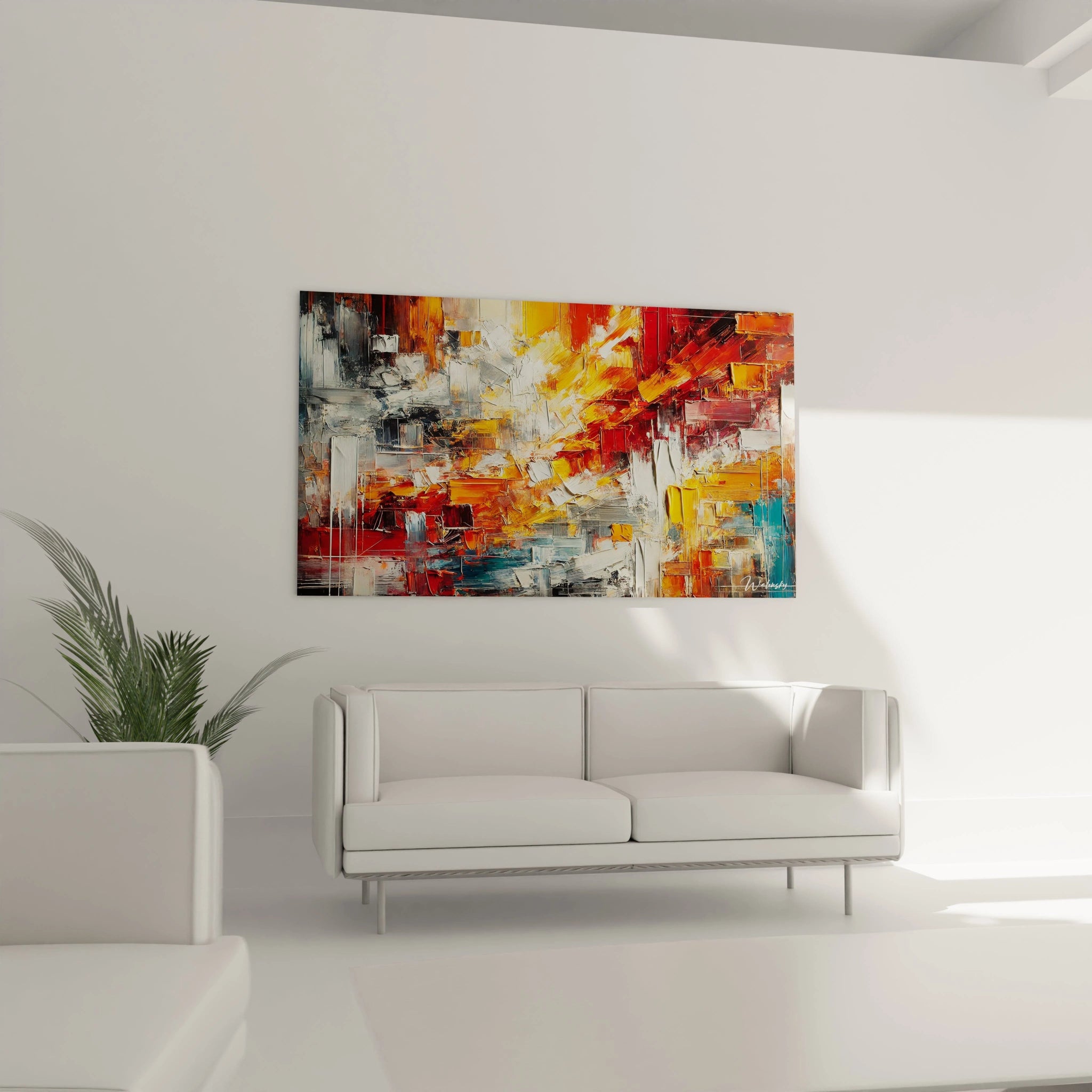 Transformez votre salon avec "Éclats de Passion". Accroché au-dessus du canapé, ce tableau moderne crée un contraste saisissant avec ses couleurs vives et ses lignes expressives.