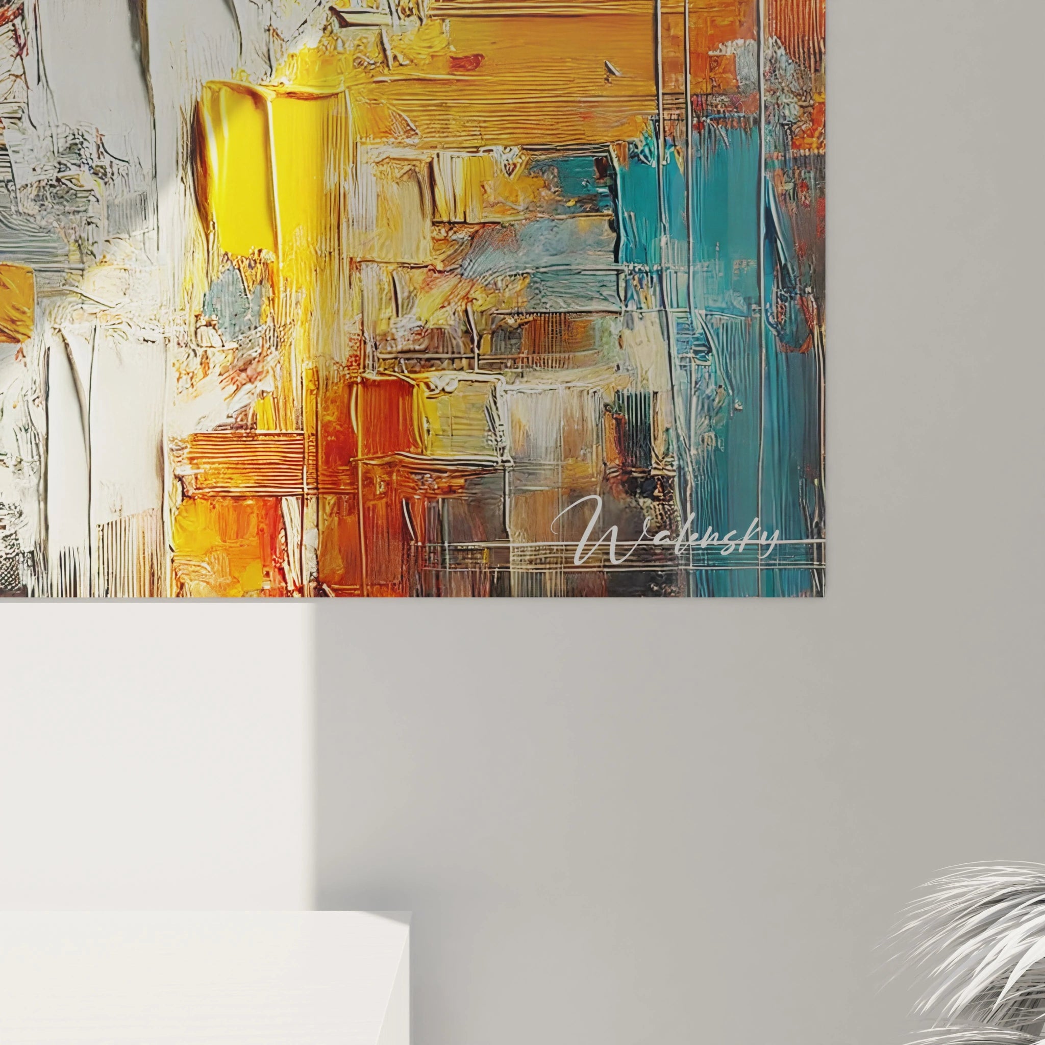 Plongez dans les détails de "Éclats de Passion". La texture épaisse et les nuances intenses de rouge, orange et jaune révèlent la profondeur et le mouvement de cette œuvre abstraite unique.